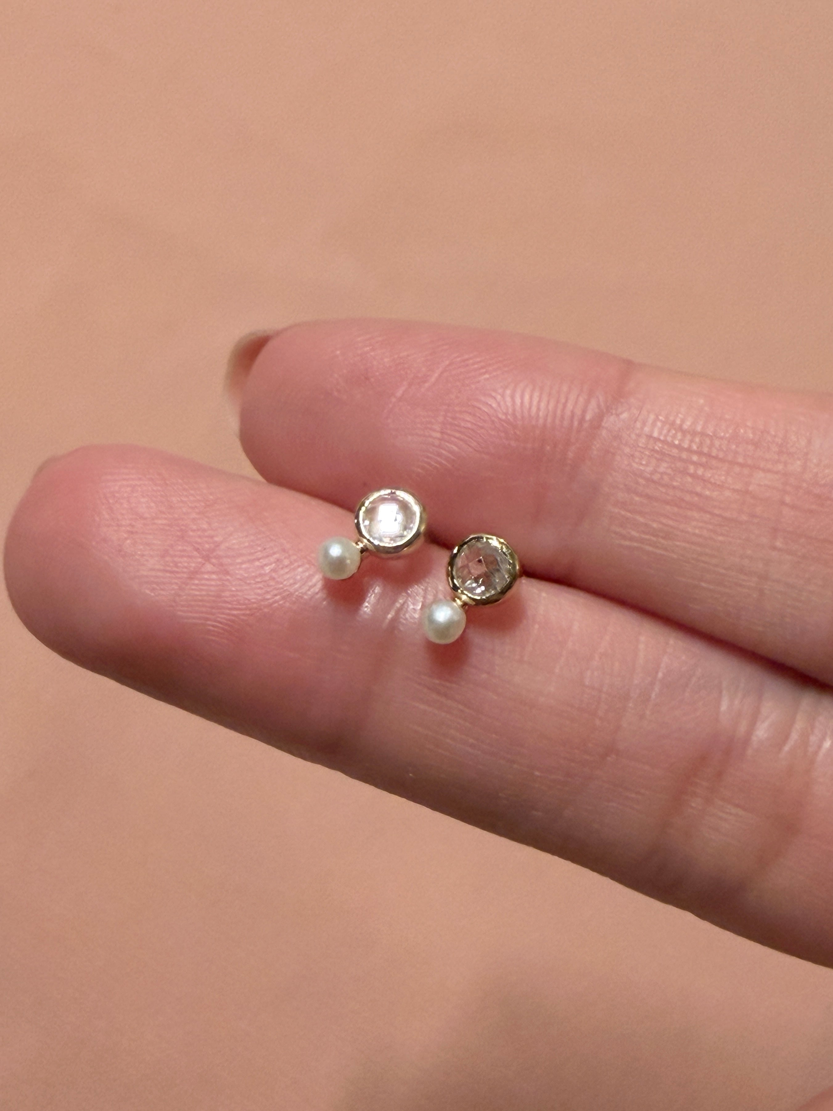 Rose Cut Bezel Pearl stud Earrings