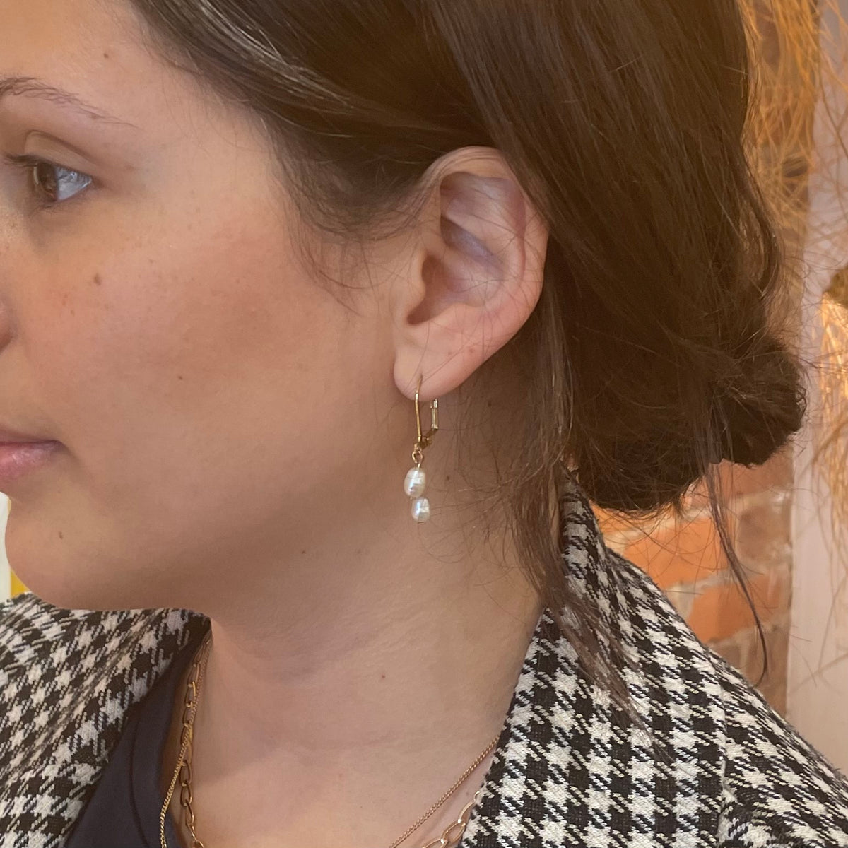 Double Potato Pearl Leverback Earrings