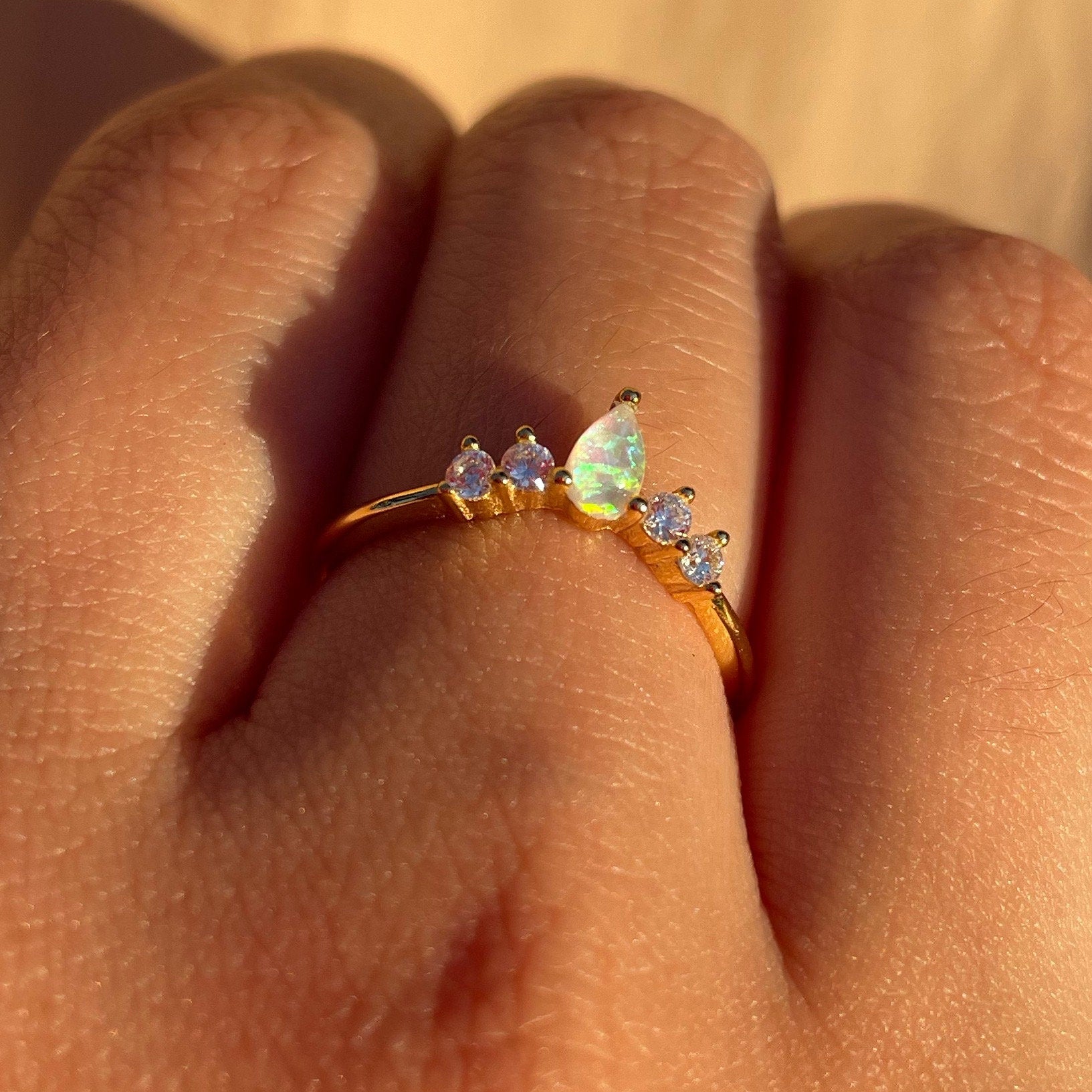 Pear Opal Ring V shape Vermeil Ring