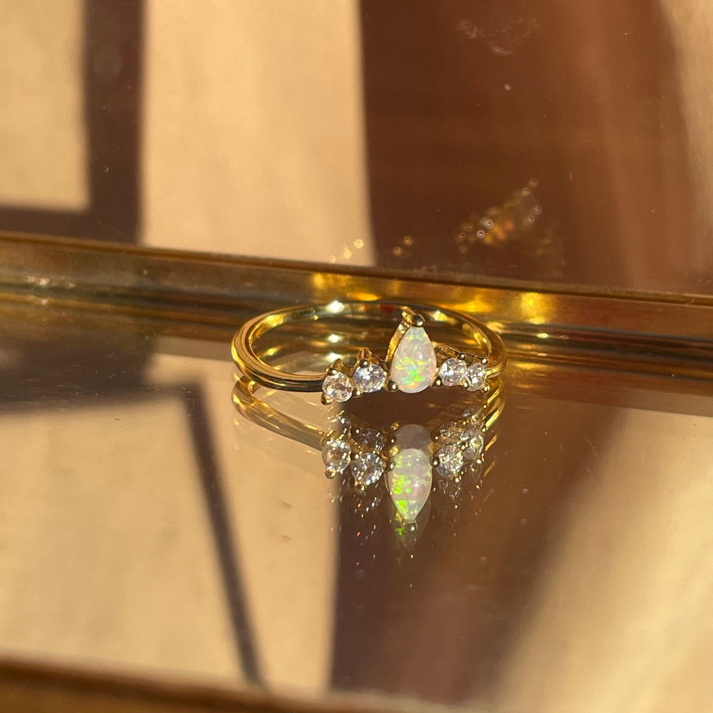 Pear Opal Ring V shape Vermeil Ring