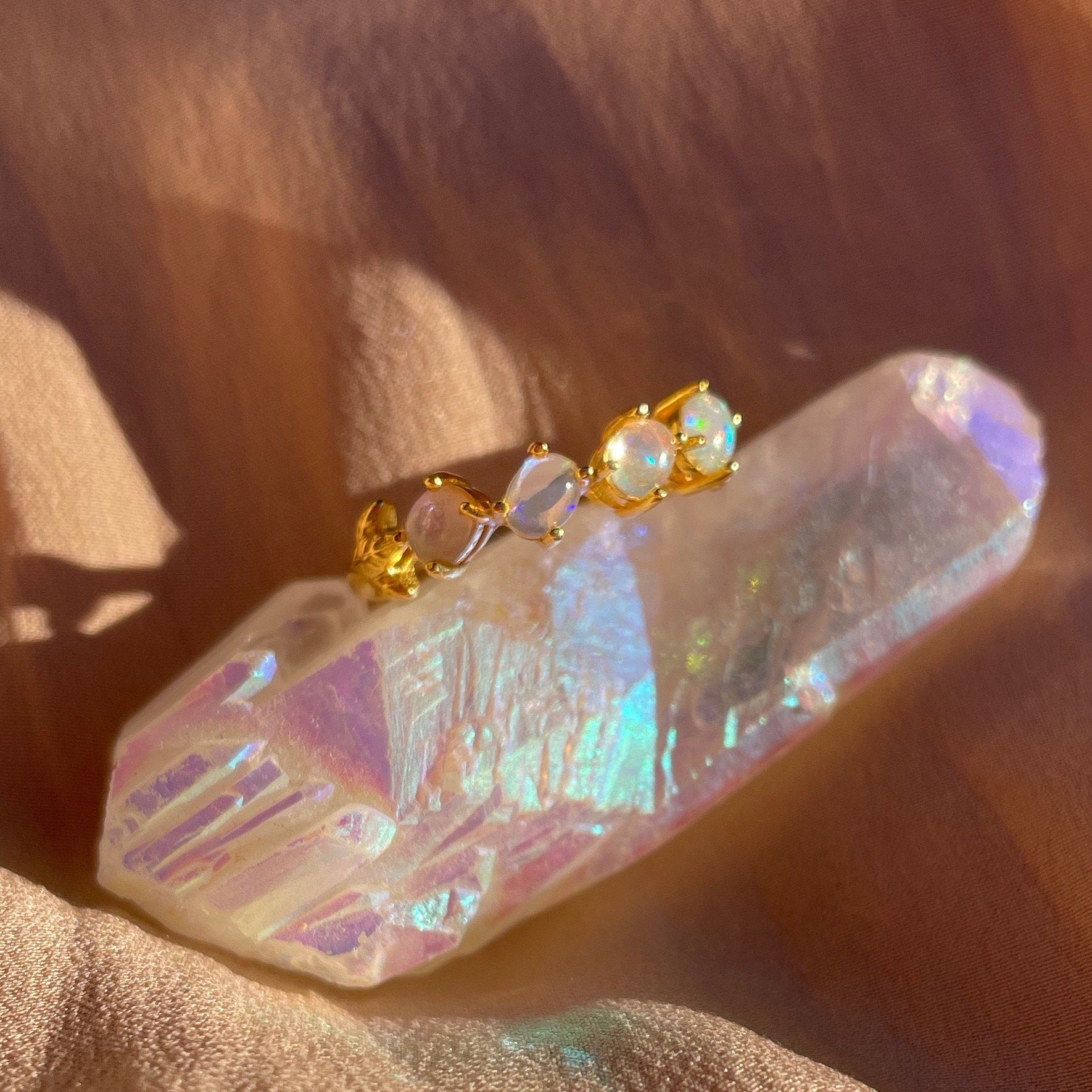 White Opal Slanted Row Ring ~ Vermeil Adjustable Resizeable