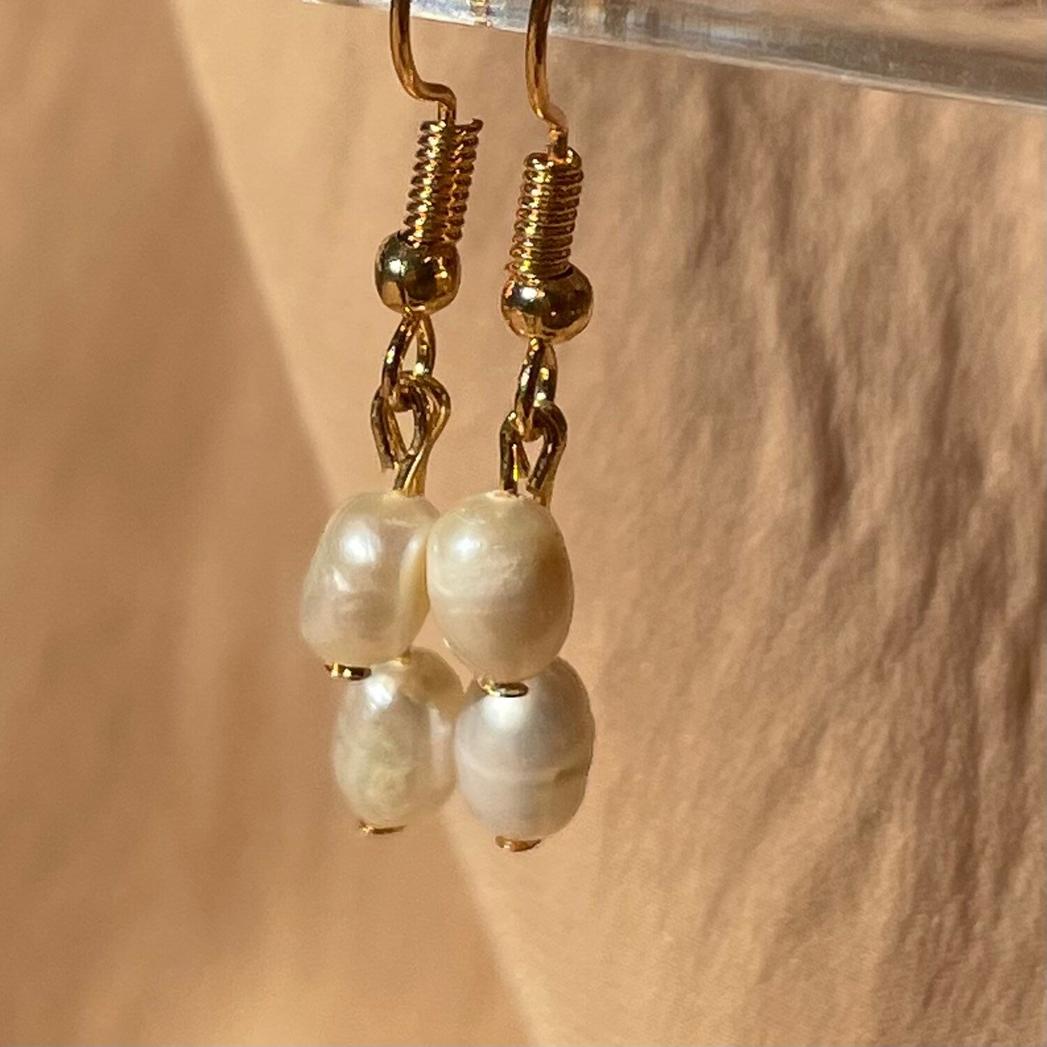 Double Pearl Leverback Earrings ~ Gold Plated