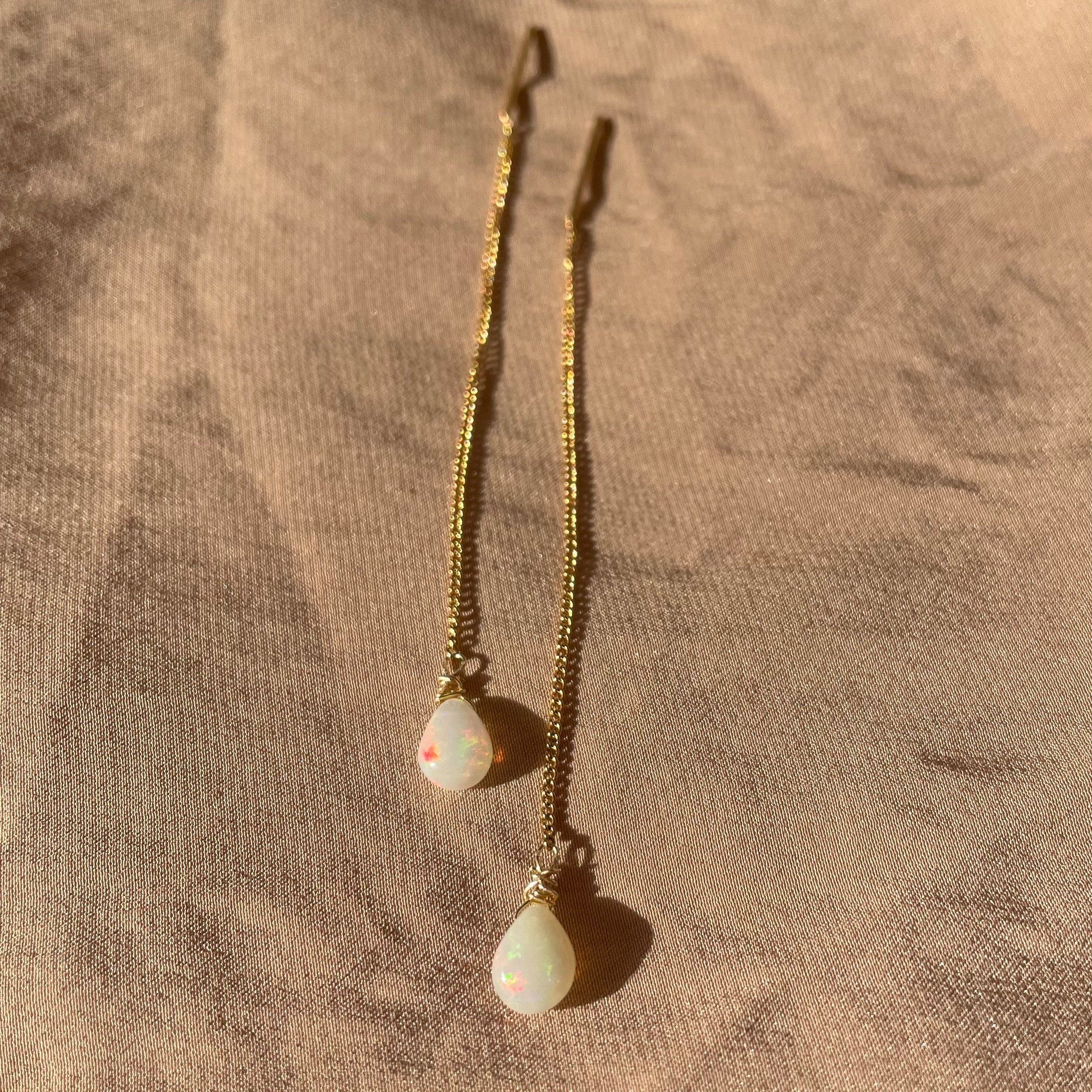 Opal Pear Simple Threader Earrings ~ 14kt Gold Filled