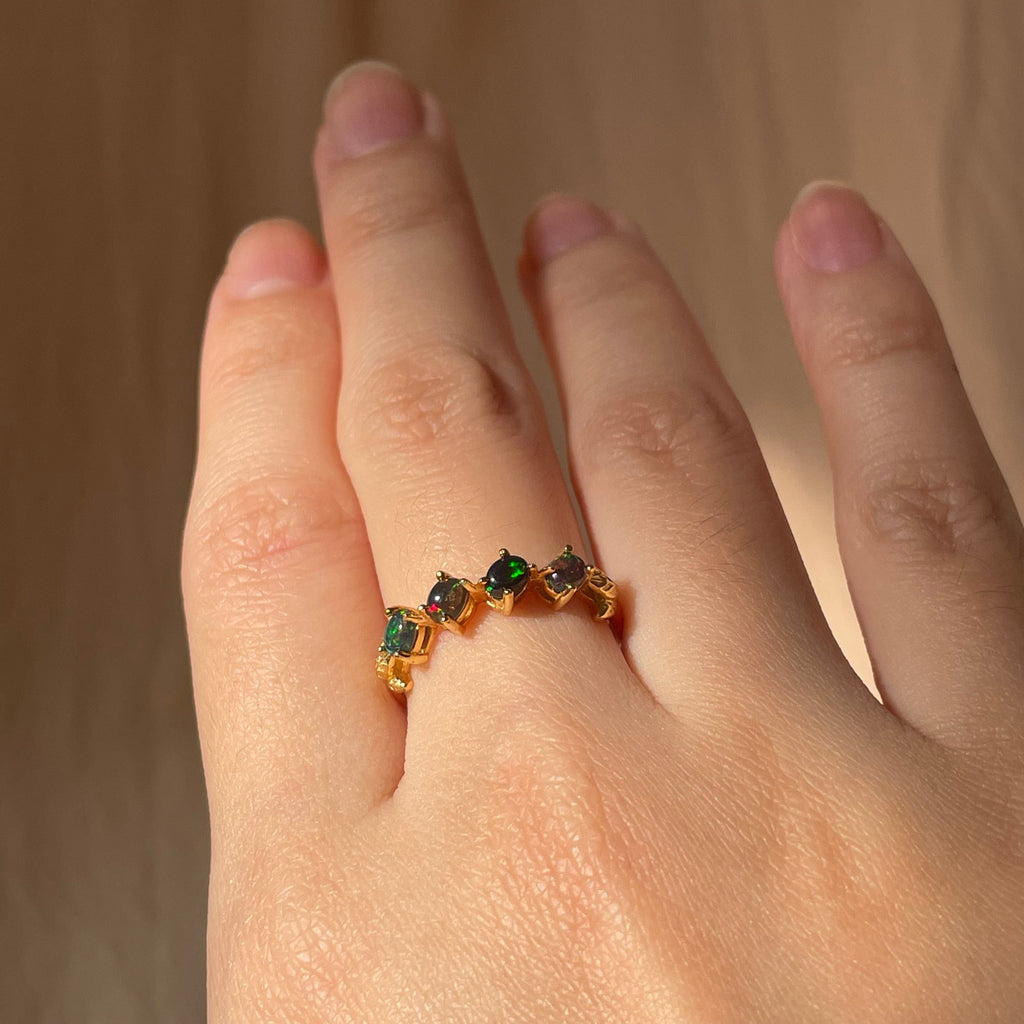 Black Opal Slanted Row Ring  ~ Vermeil Adjustable Resizeable
