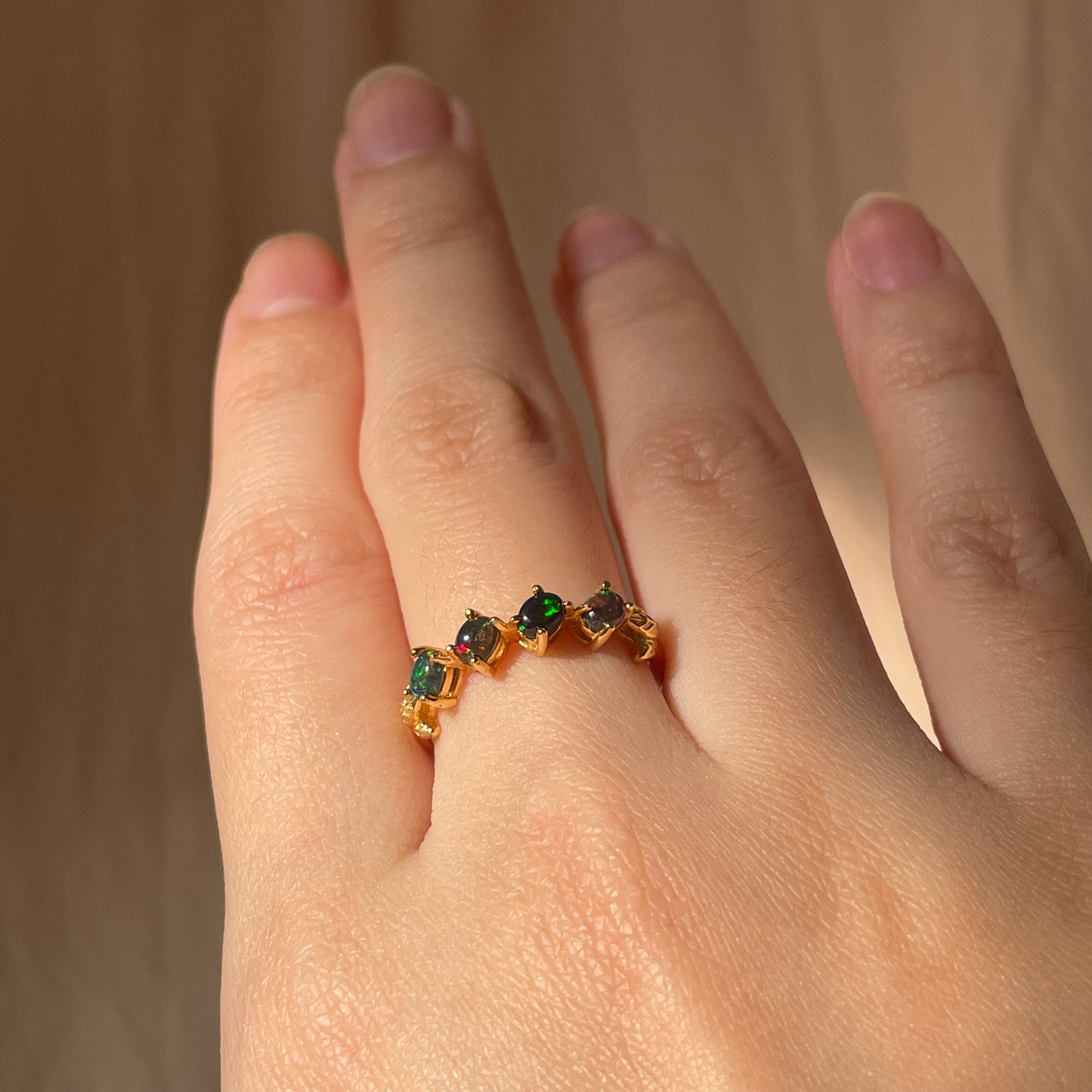 Black Opal Slanted Row Ring  ~ Vermeil Adjustable Resizeable