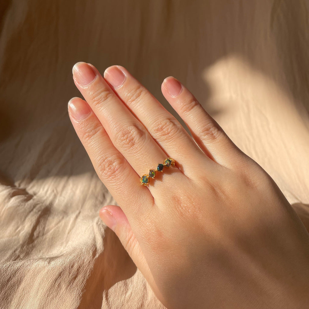 Black Opal Slanted Row Ring  ~ Vermeil Adjustable Resizeable