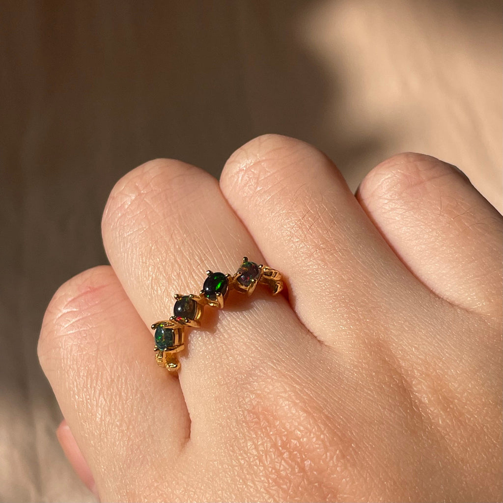 Black Opal Slanted Row Ring  ~ Vermeil Adjustable Resizeable