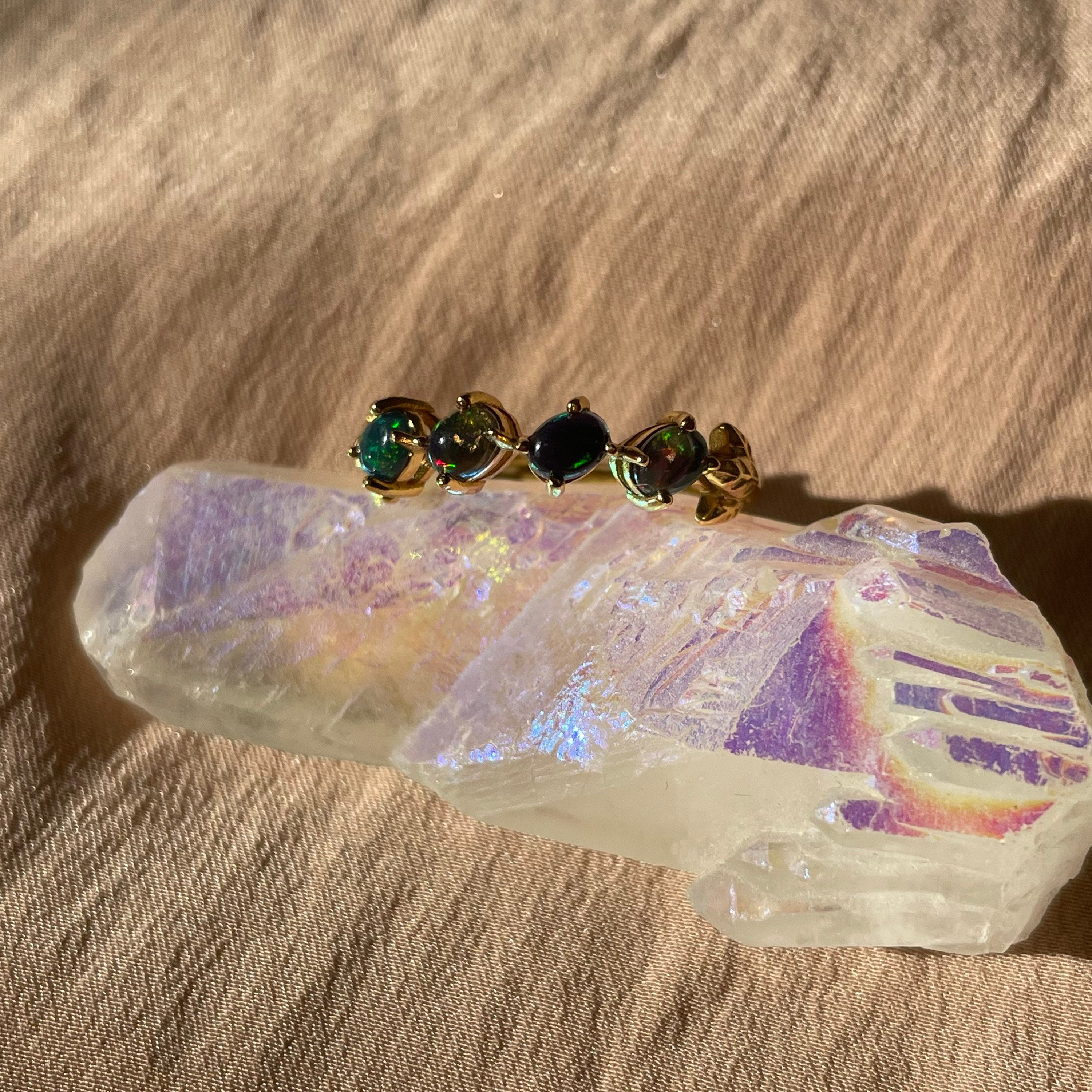 Black Opal Slanted Row Ring  ~ Vermeil Adjustable Resizeable