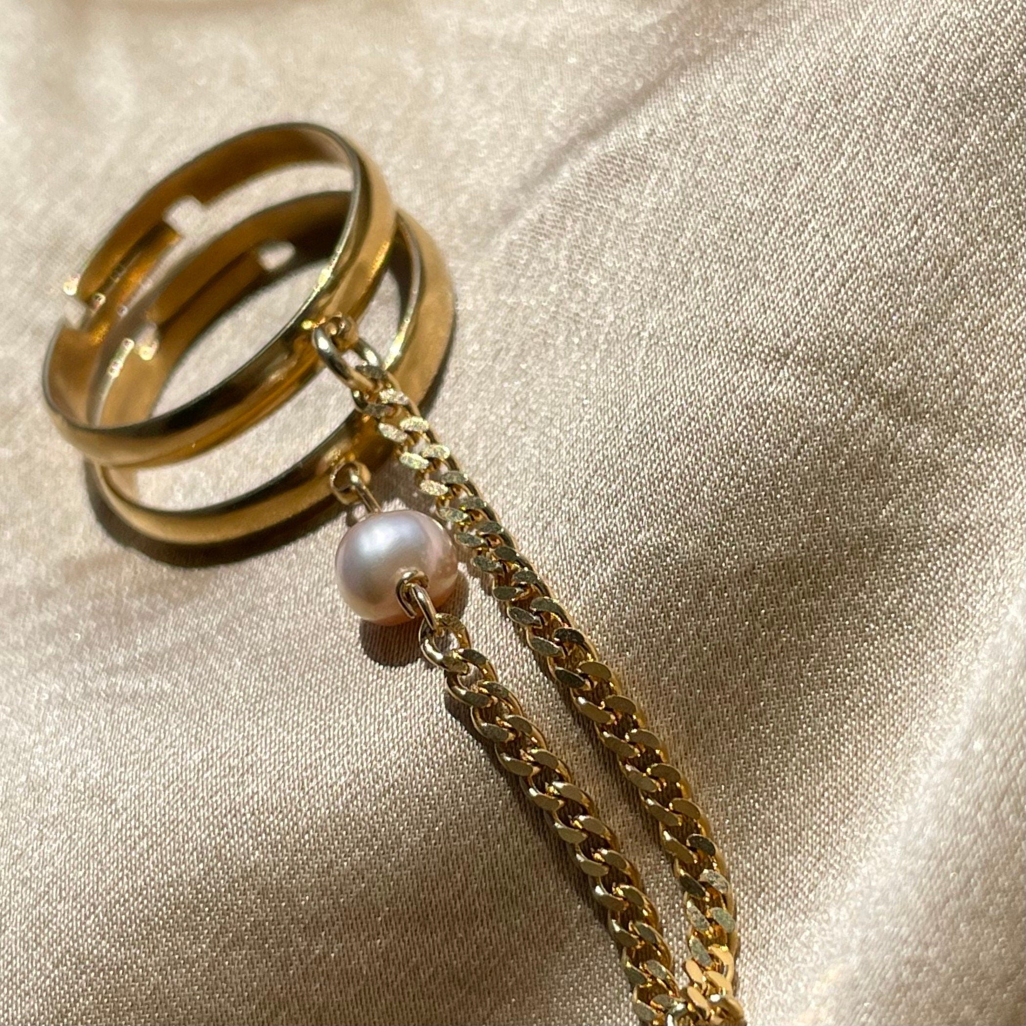 Chain Pearl Double Stacking Adjustable Ring