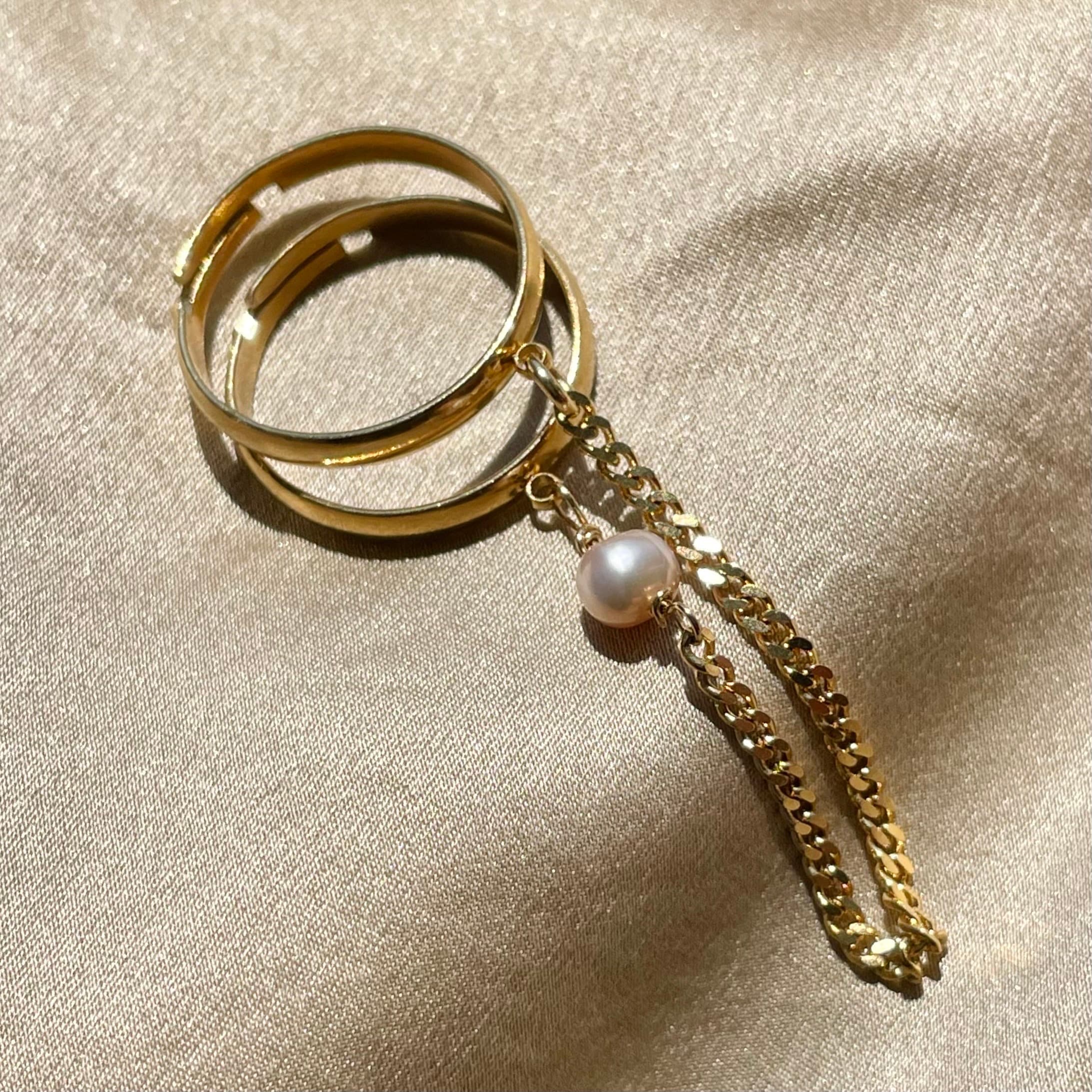 Chain Pearl Double Stacking Adjustable Ring