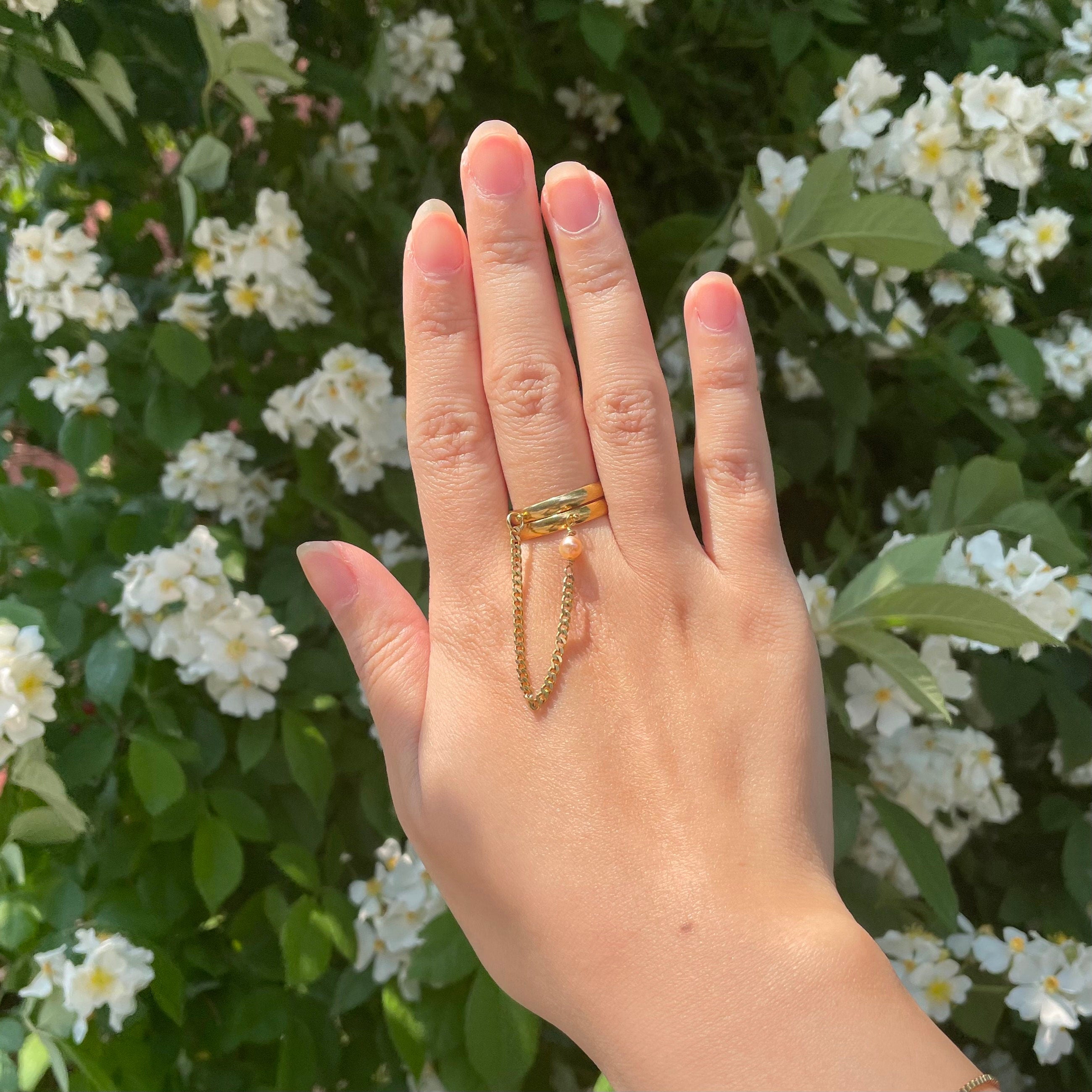 Chain Pearl Double Stacking Adjustable Ring