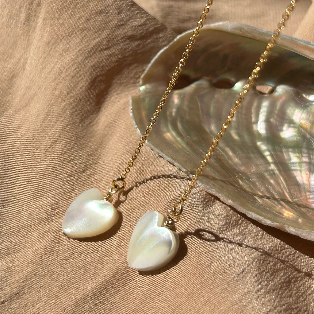 Heart Mother of Pearl Threader Earrings ~ 14kt Gold Filled