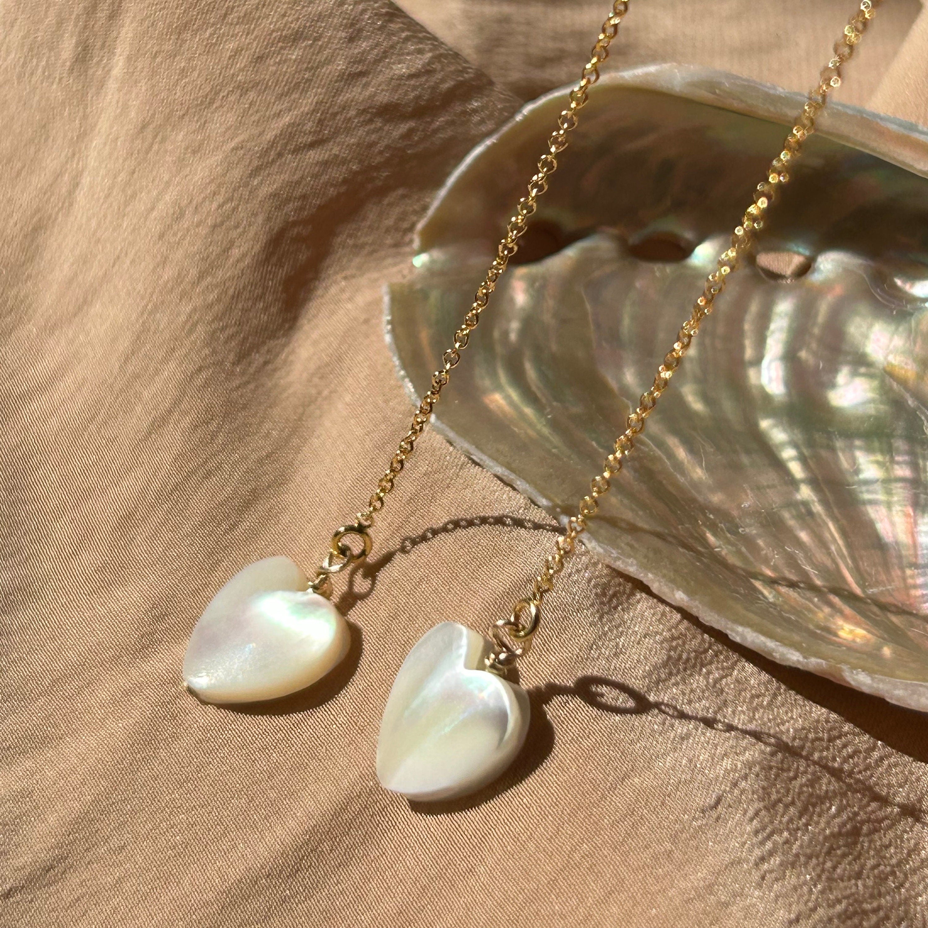 Heart Mother of Pearl Threader Earrings ~ 14kt Gold Filled