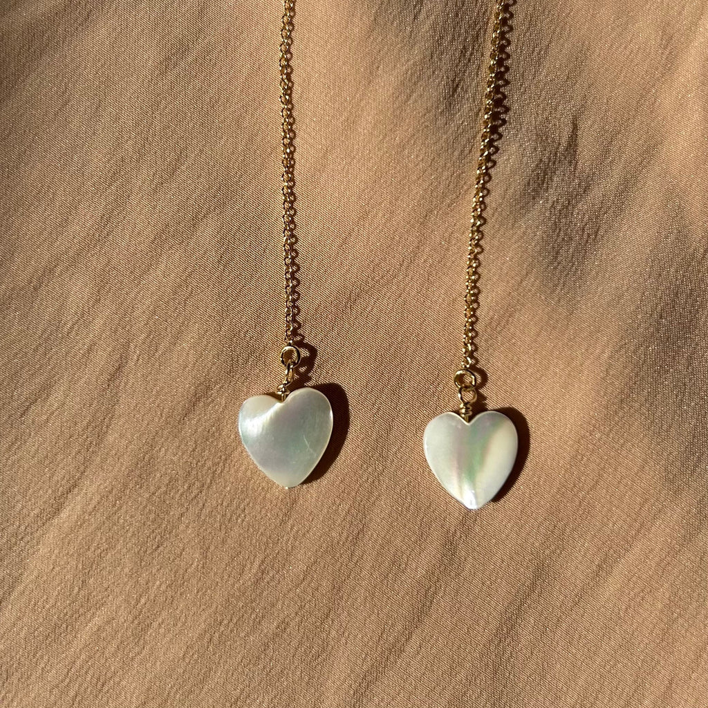 Heart Mother of Pearl Threader Earrings ~ 14kt Gold Filled