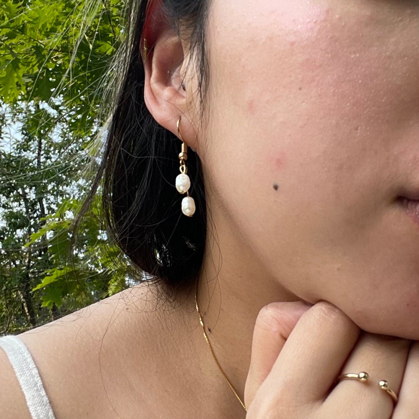 Double Pearl Leverback Earrings ~ Gold Plated