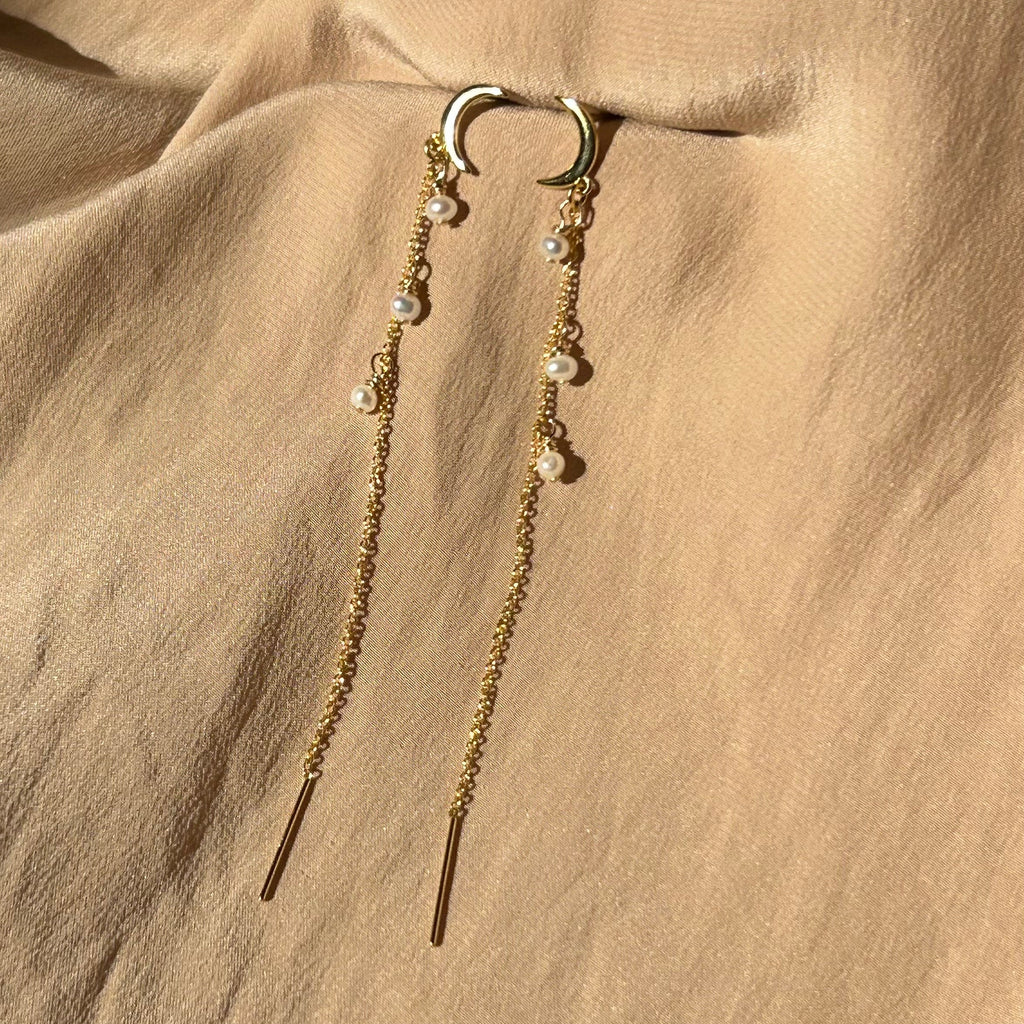 Pearl Moon Stud-Threader ~ Gold Earrings