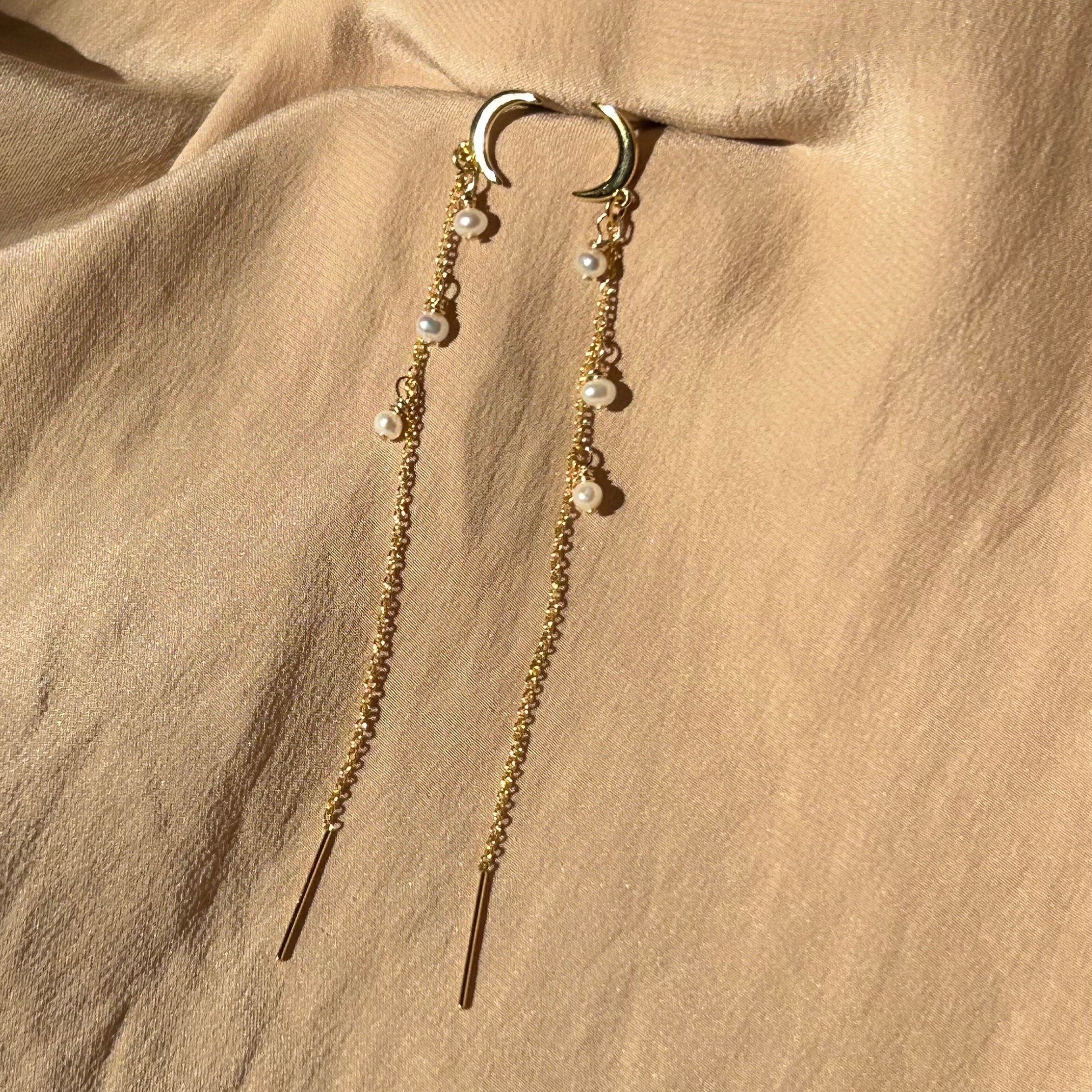 Pearl Moon Stud-Threader ~ Gold Earrings