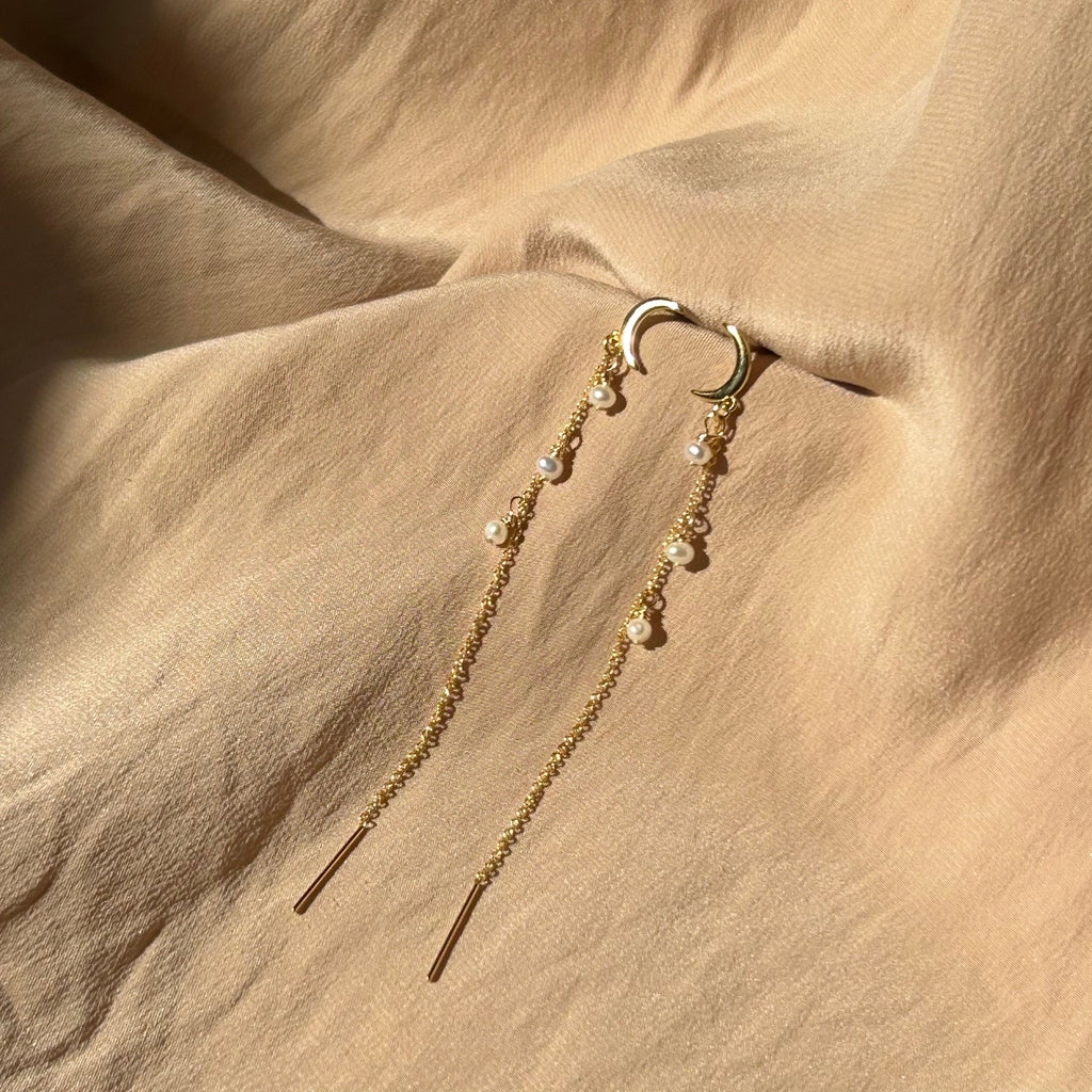 Pearl Moon Stud-Threader ~ Gold Earrings