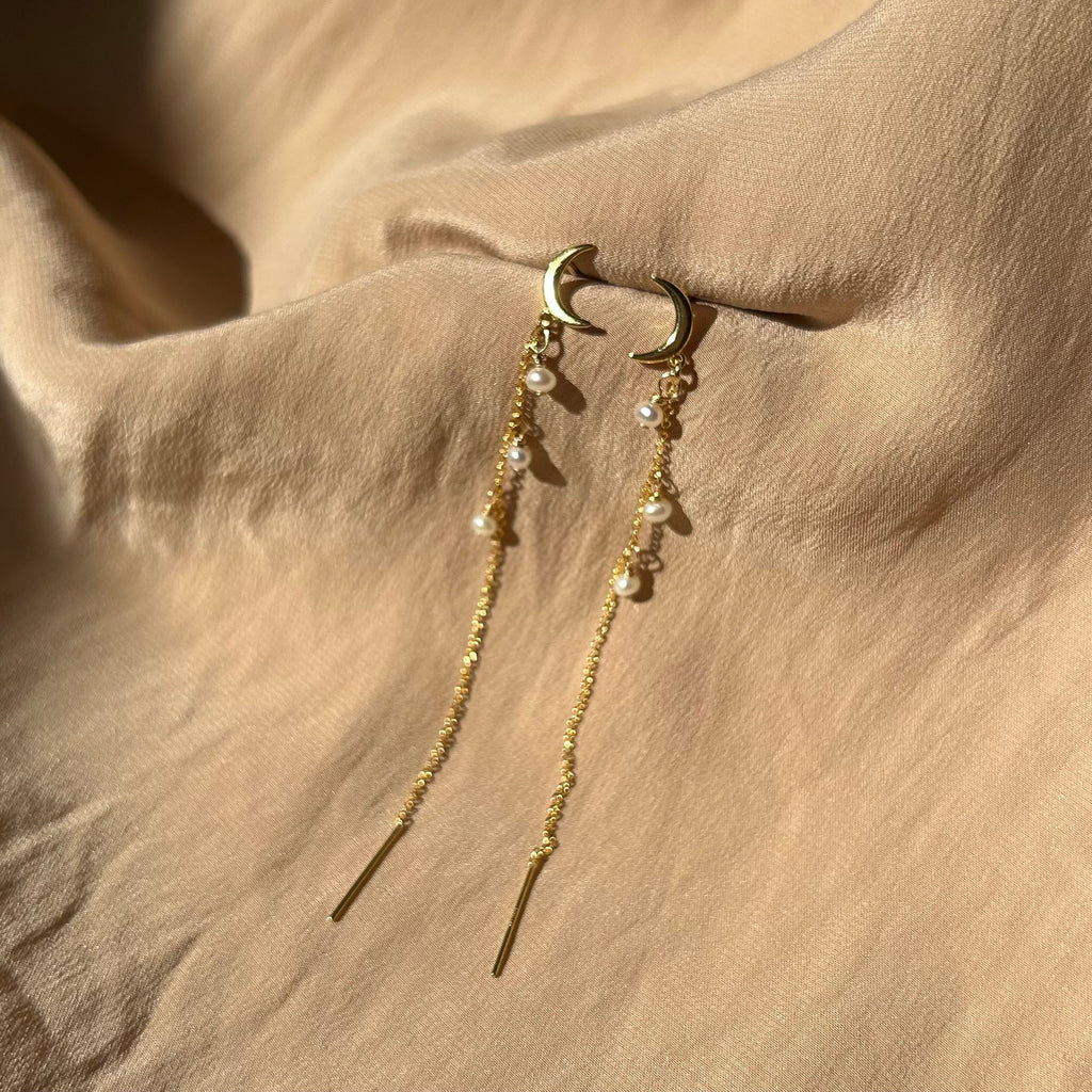 Pearl Moon Stud-Threader ~ Gold Earrings