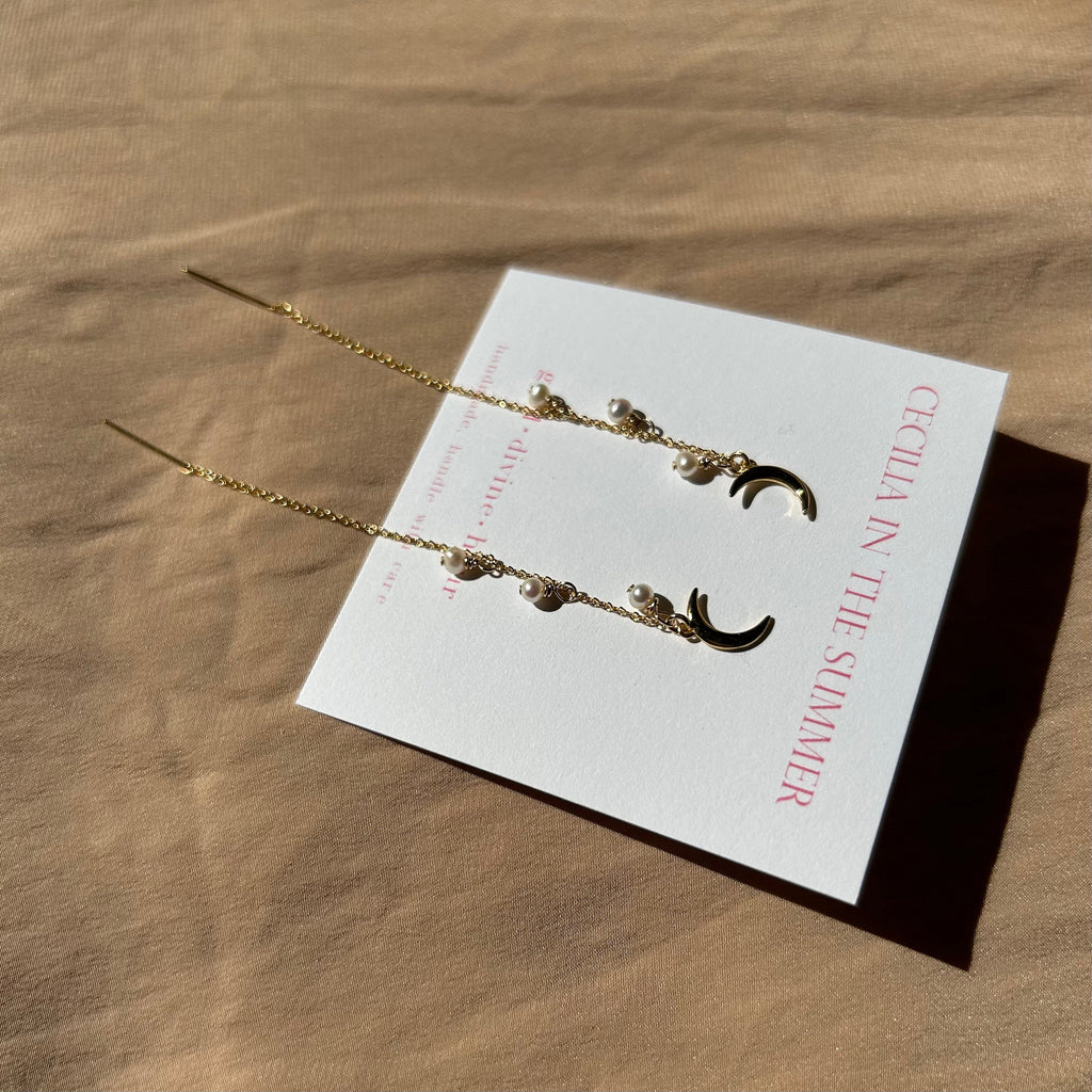 Pearl Moon Stud-Threader ~ Gold Earrings