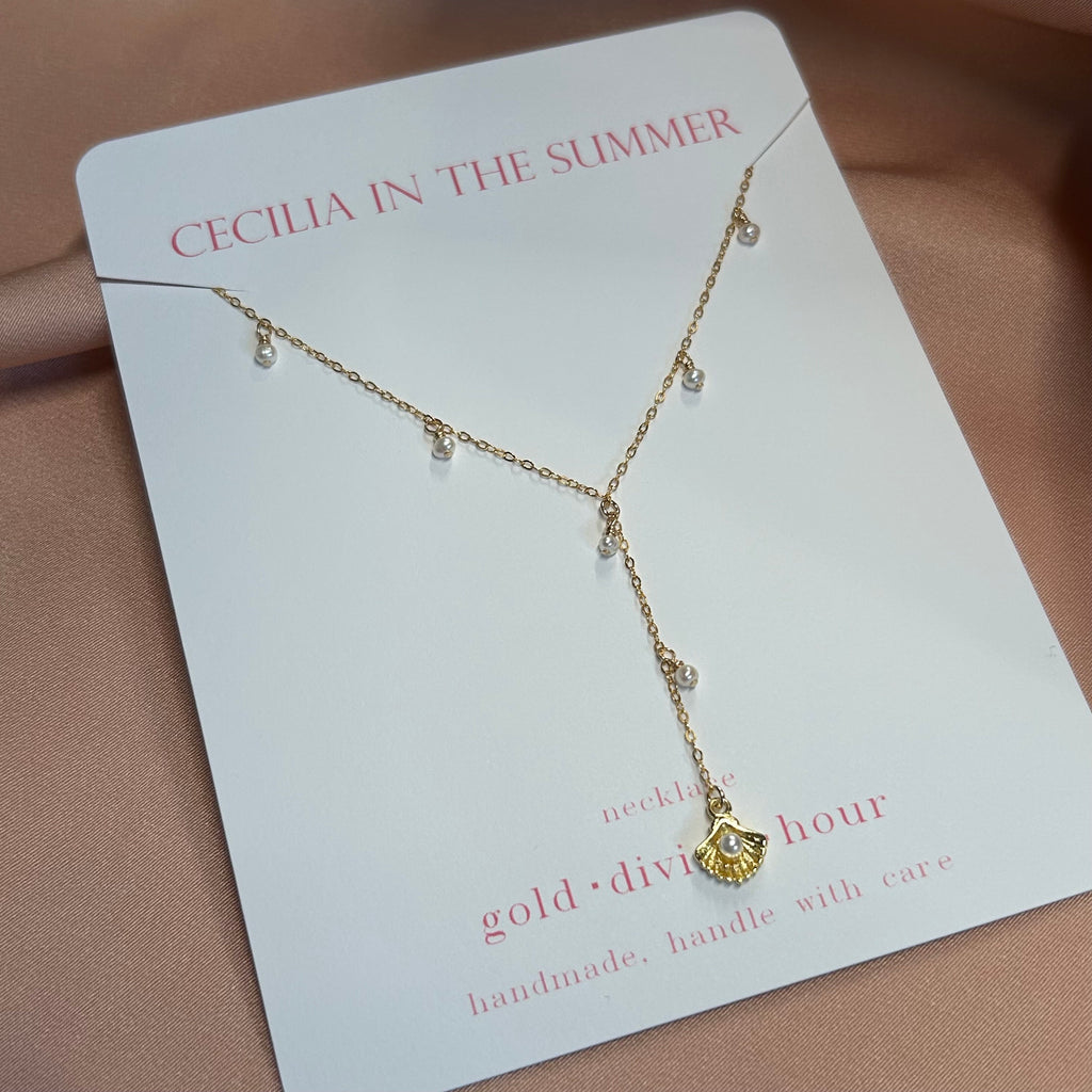 Ocean Clam Pearl Lariat Necklace ~ 14kt Gold Fill