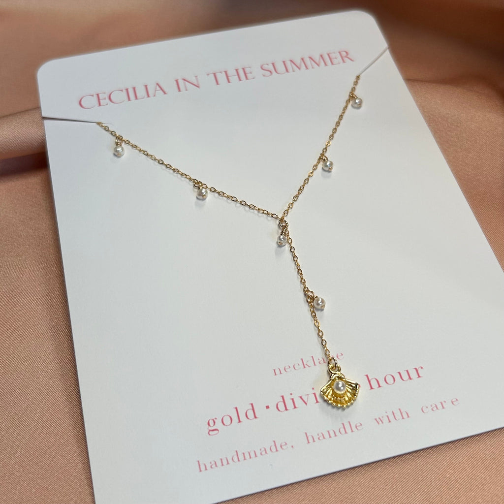 Ocean Clam Pearl Lariat Necklace ~ 14kt Gold Fill