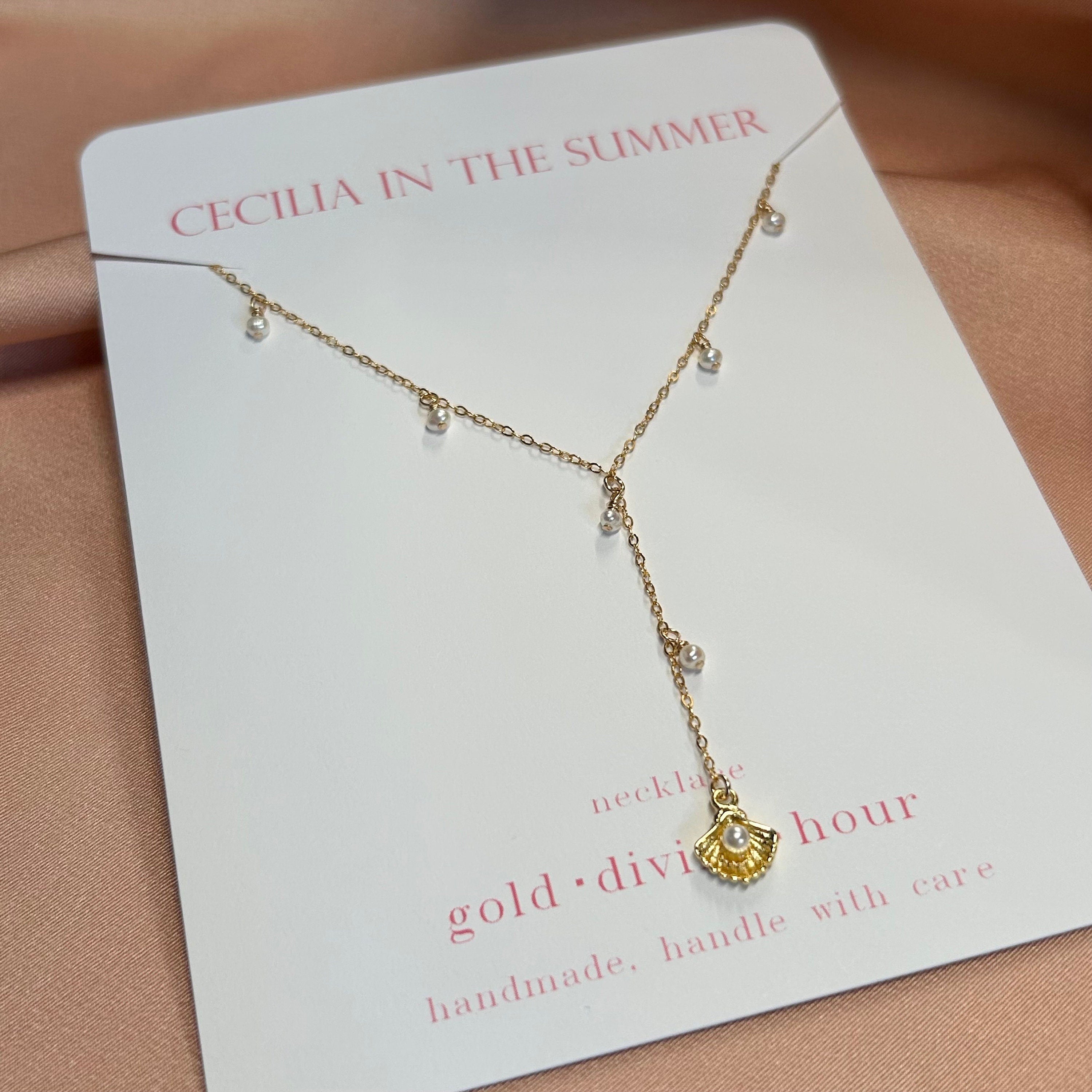 Ocean Clam Pearl Lariat Necklace ~ 14kt Gold Fill