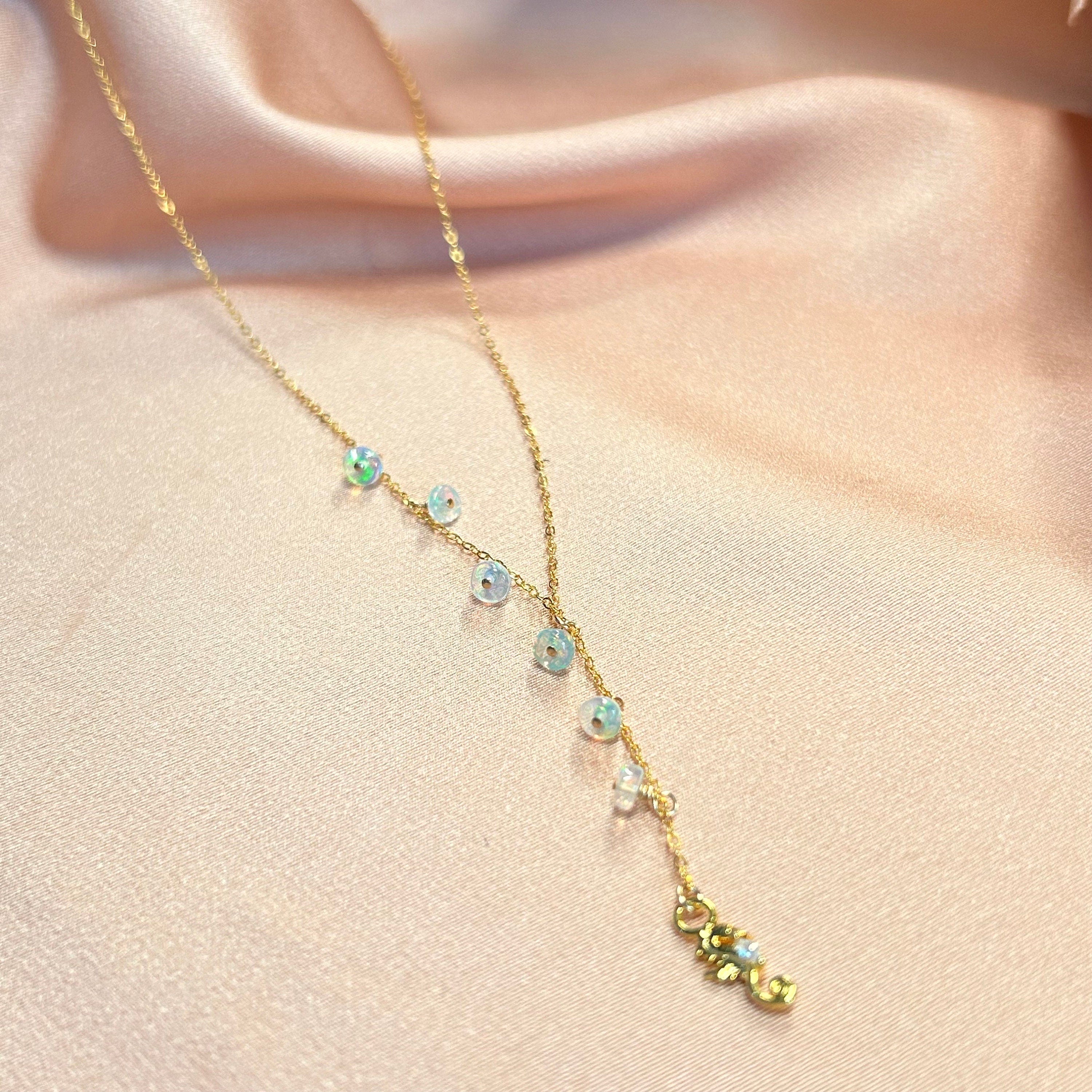 Ocean Seahorse Opal & CZ Lariat Necklace ~ 14kt Gold Fill