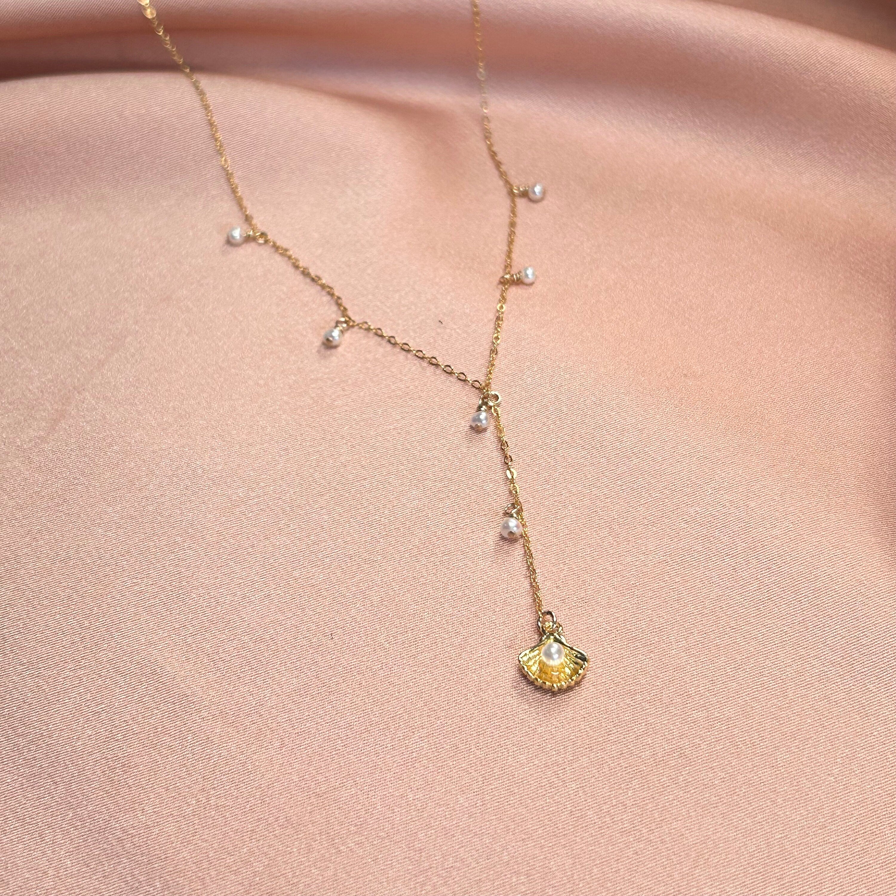Ocean Clam Pearl Lariat Necklace ~ 14kt Gold Fill