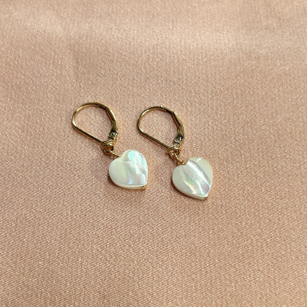 Heart Mother of Pearl Leverback Earrings ~ 14kt Gold Filled