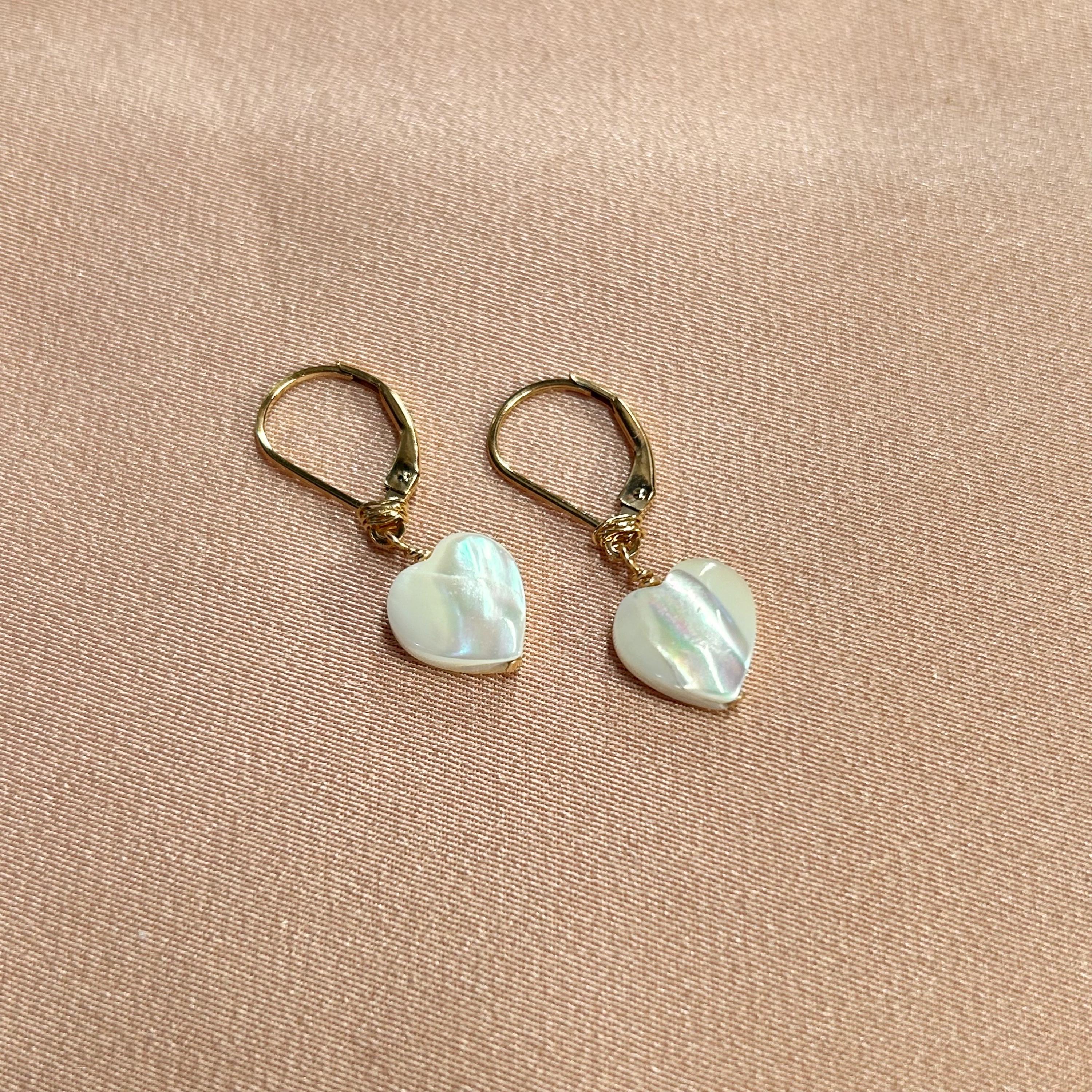Heart Mother of Pearl Leverback Earrings ~ 14kt Gold Filled