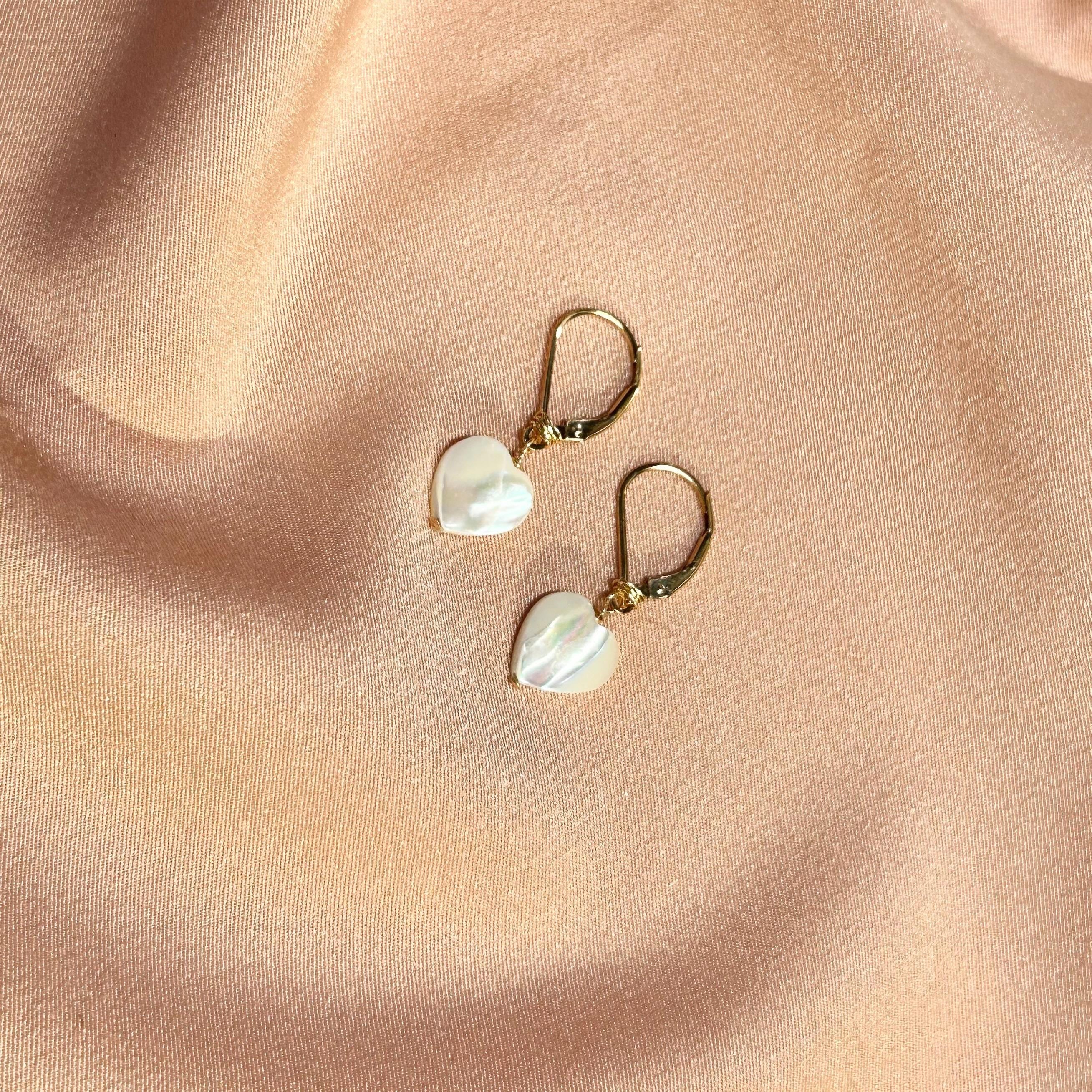 Heart Mother of Pearl Leverback Earrings ~ 14kt Gold Filled