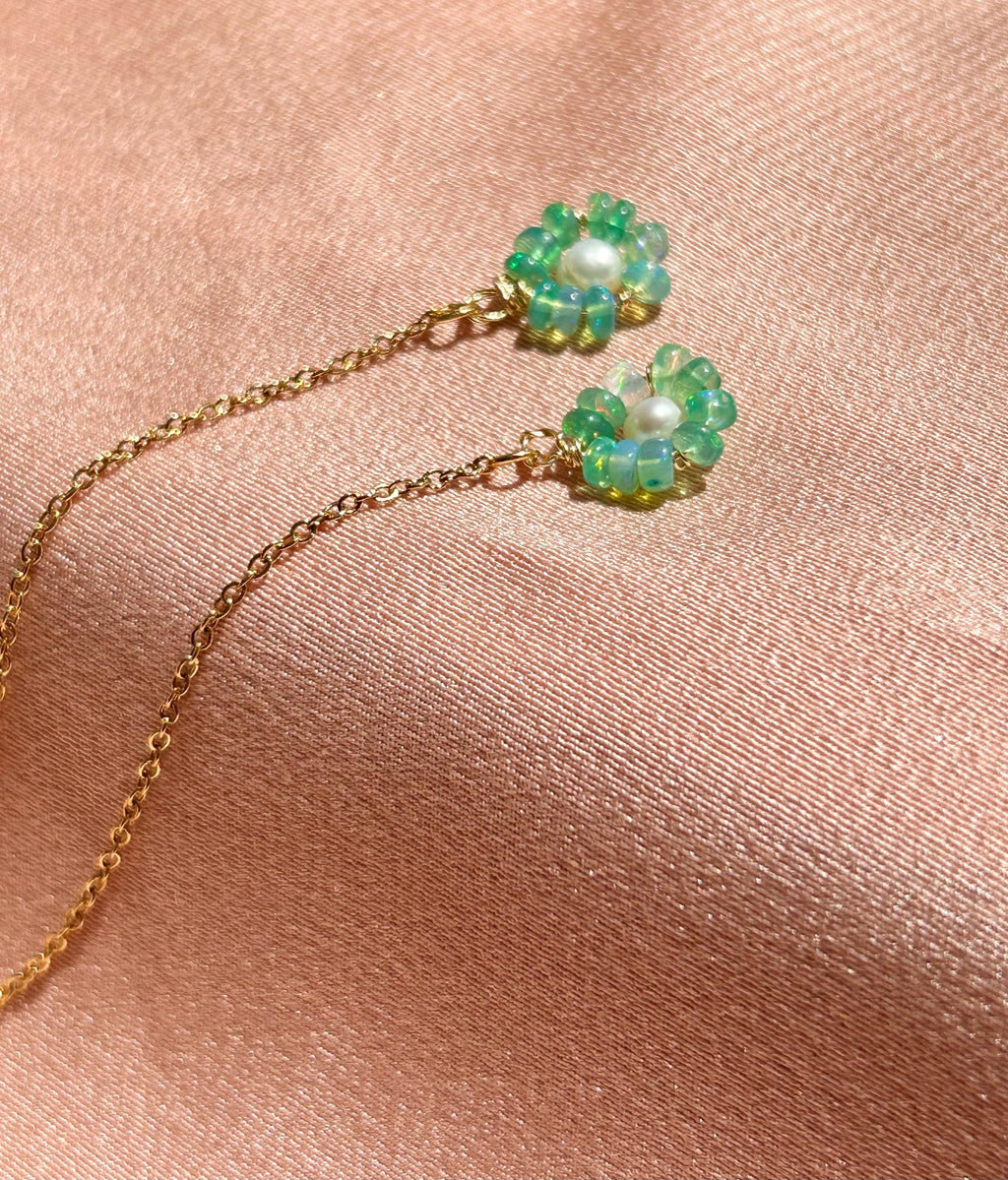 Flower Opal + Pearl Threader Earrings ~ 14kt Gold Filled