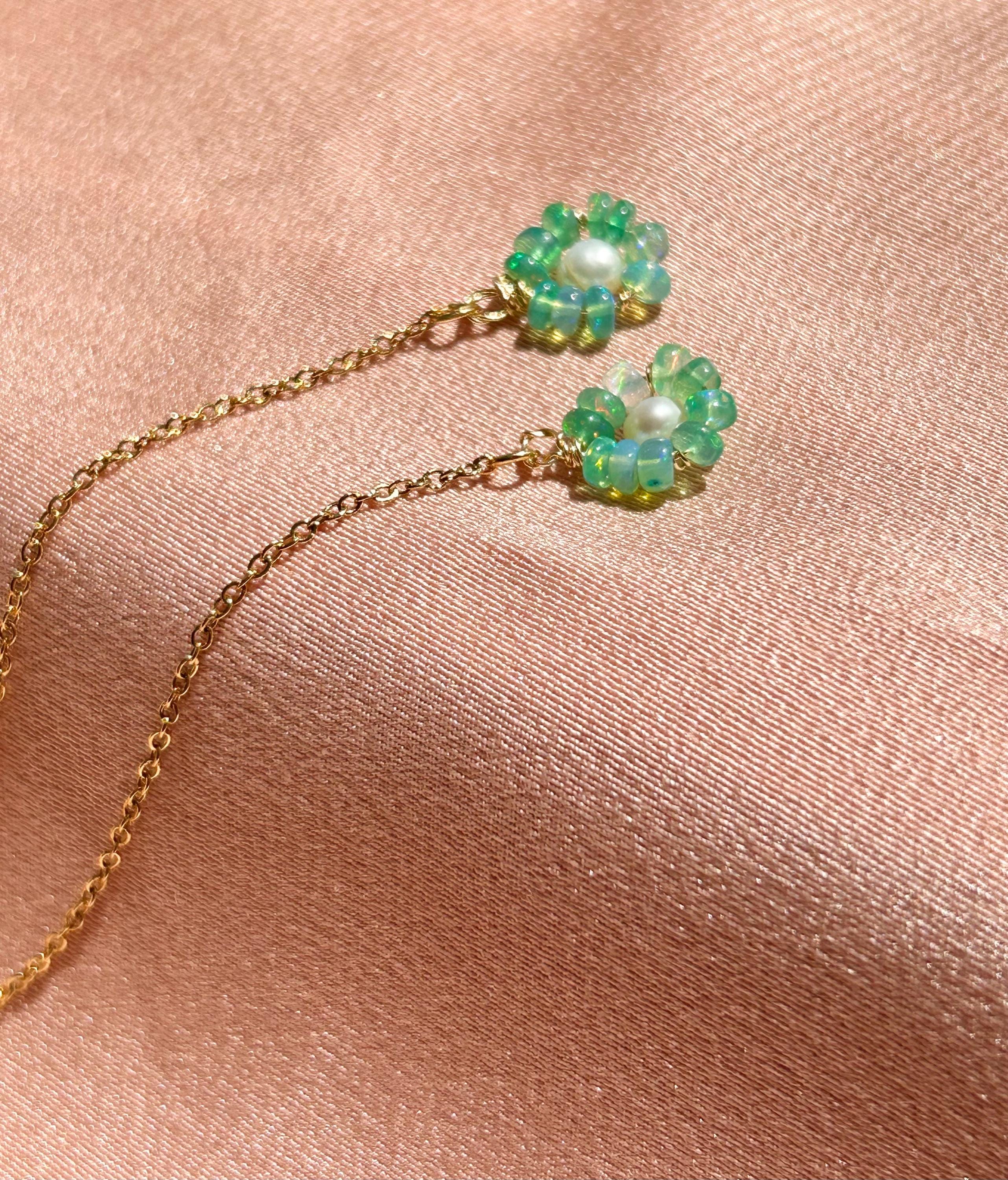 Flower Opal + Pearl Threader Earrings ~ 14kt Gold Filled