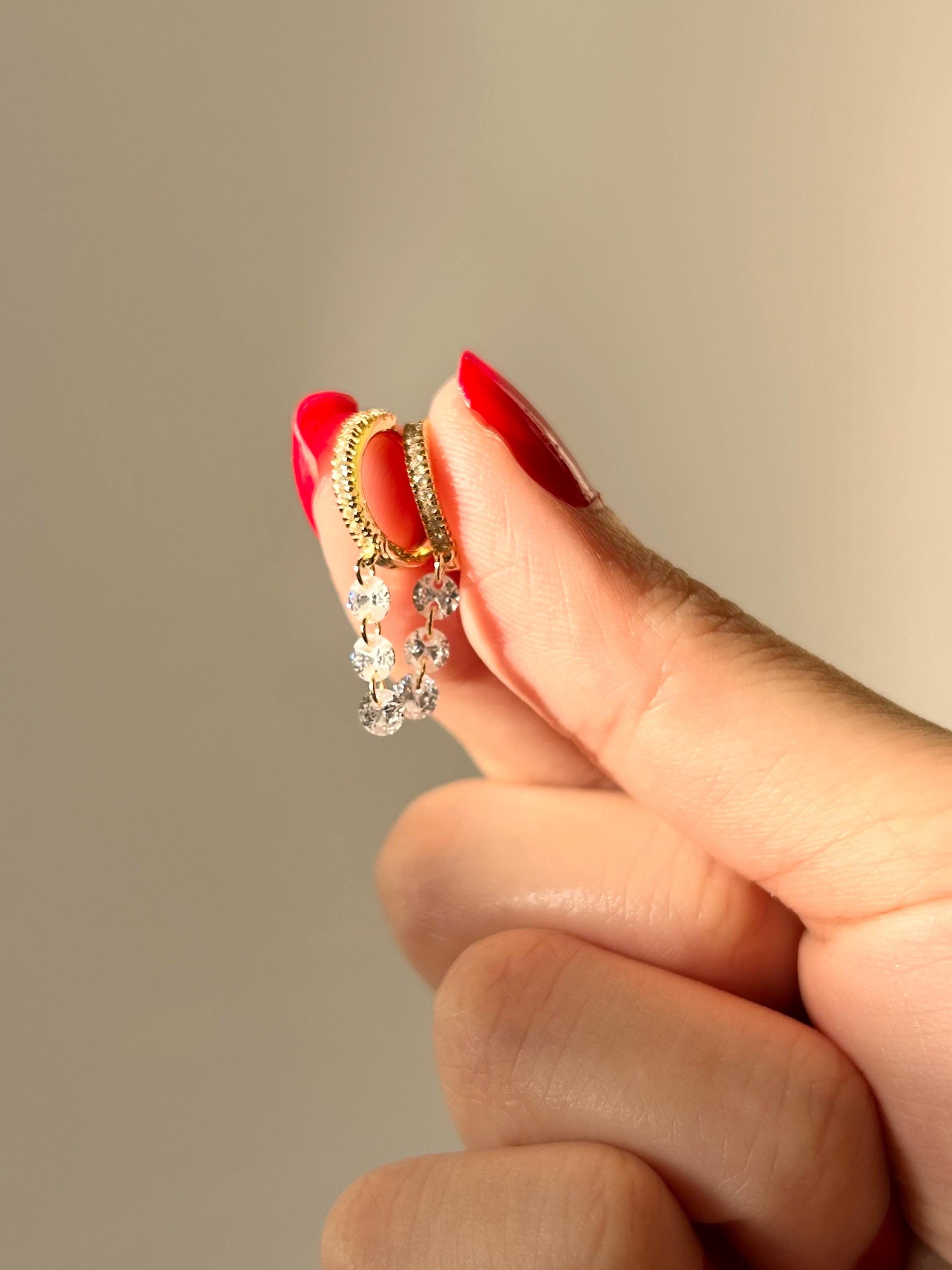 Dangle Three Stone CZ Huggies Earrings Vermeil