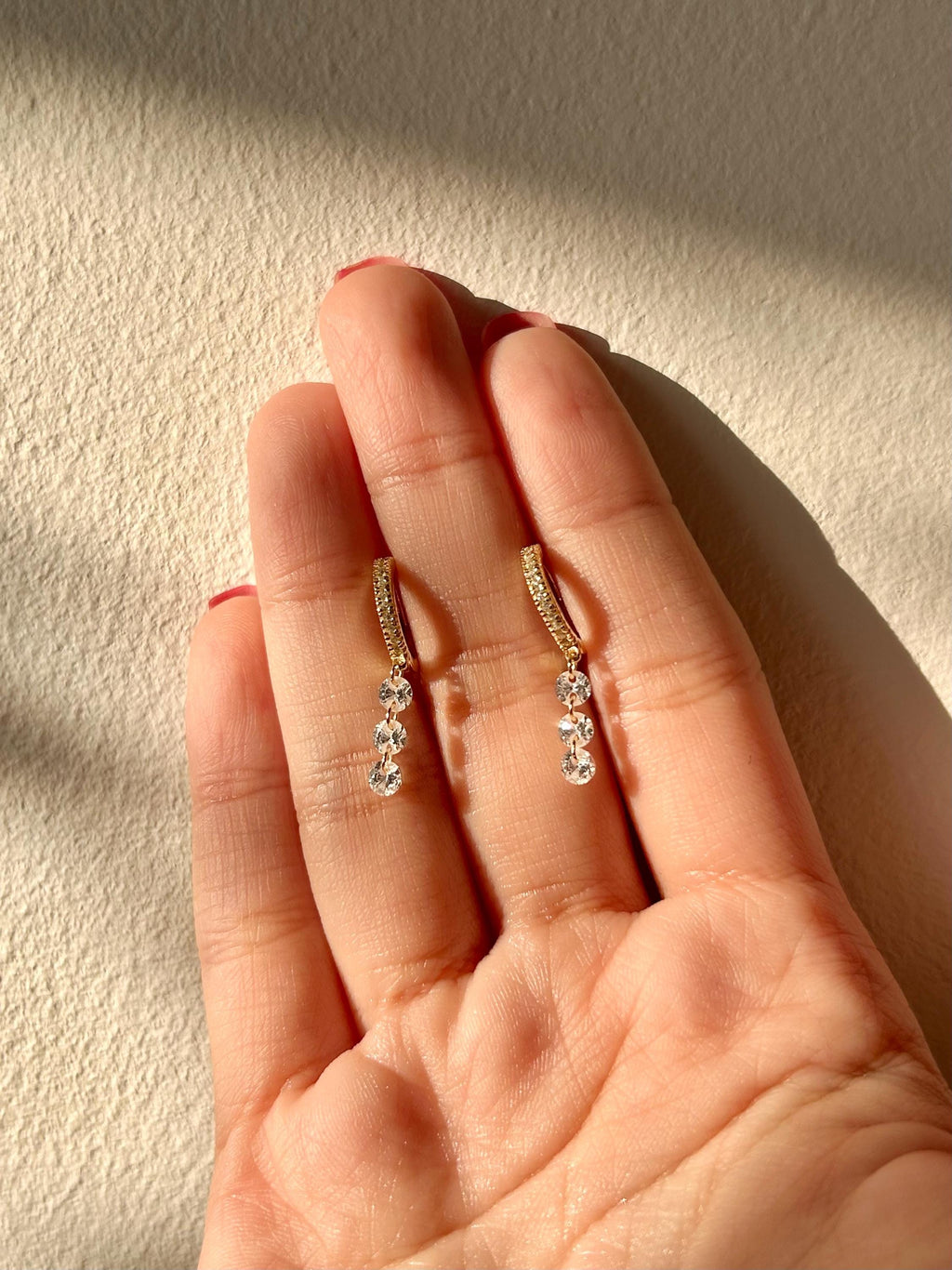 Dangle Three Stone CZ Huggies Earrings Vermeil