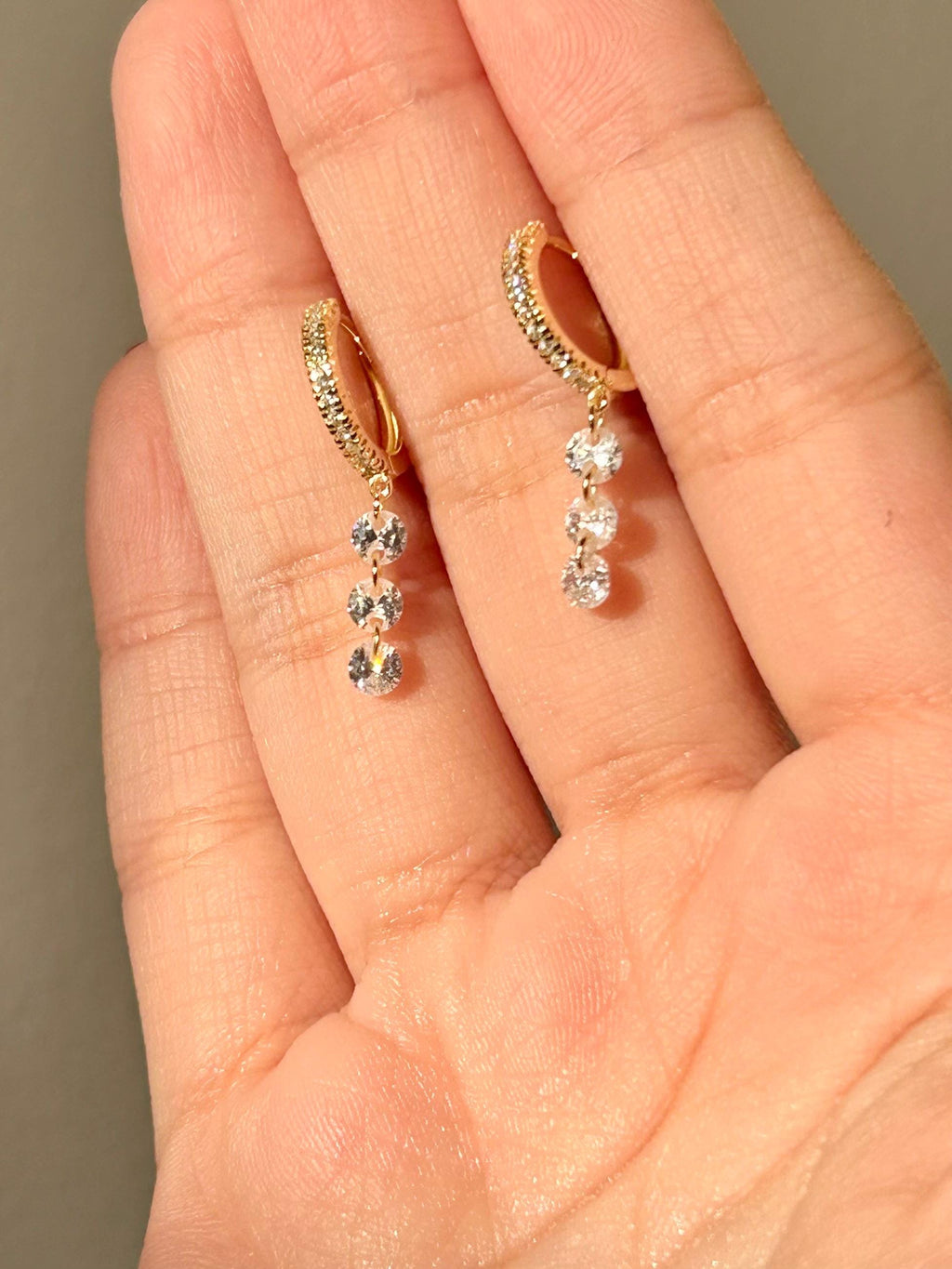 Dangle Three Stone CZ Huggies Earrings Vermeil