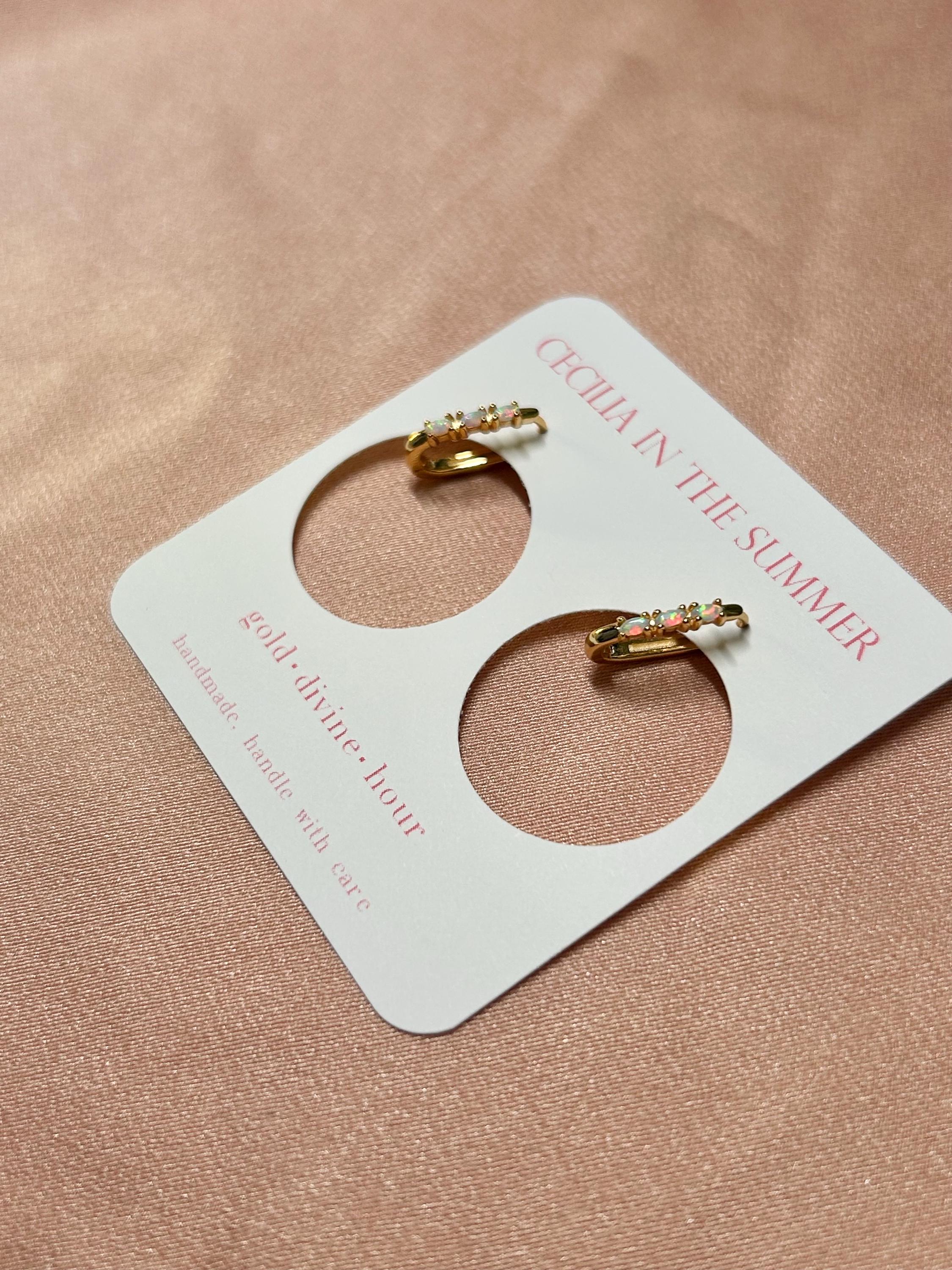 Marquise Opal Rectangle Shape Huggies Earrings Vermeil