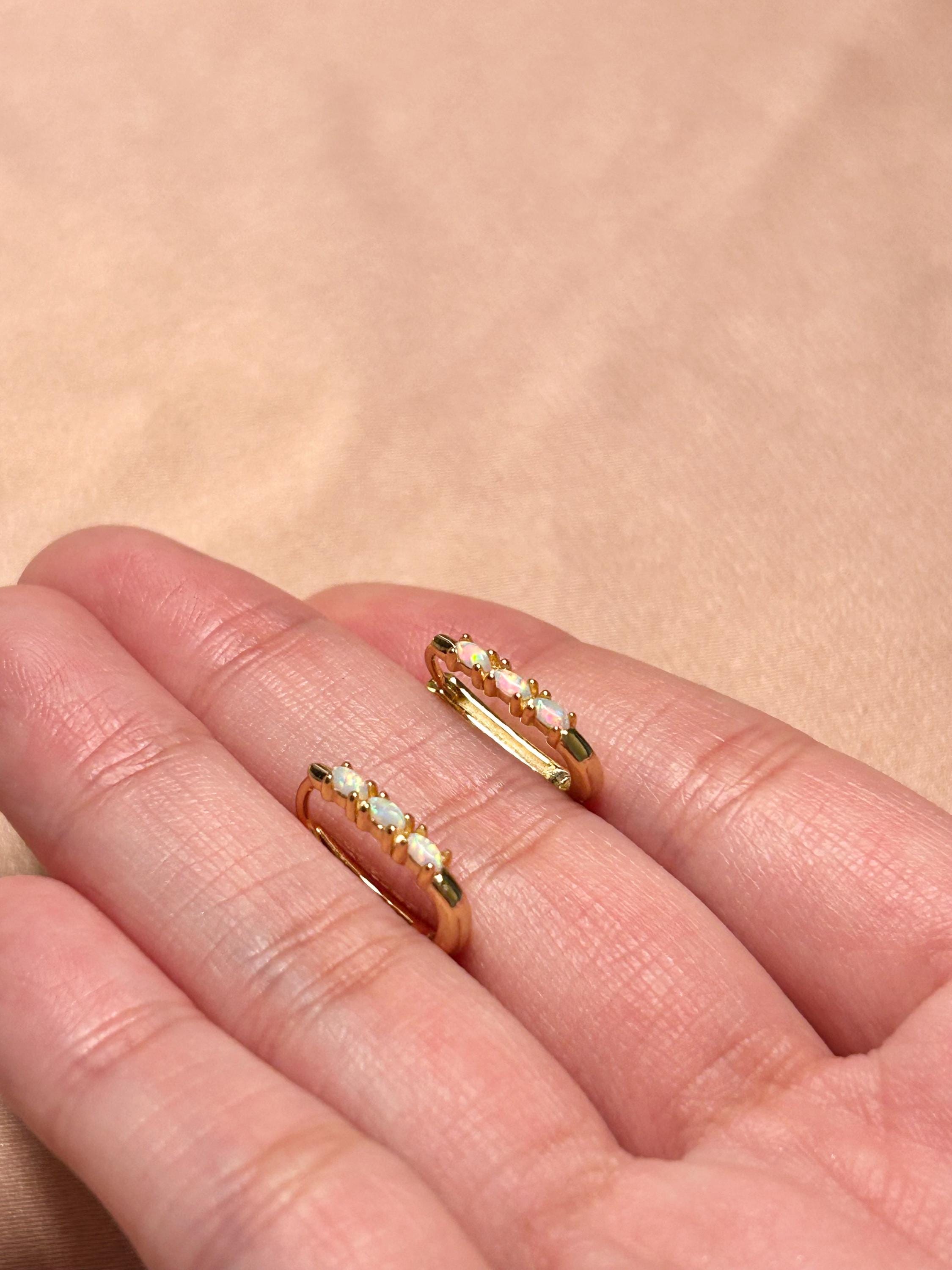 Marquise Opal Rectangle Shape Huggies Earrings Vermeil