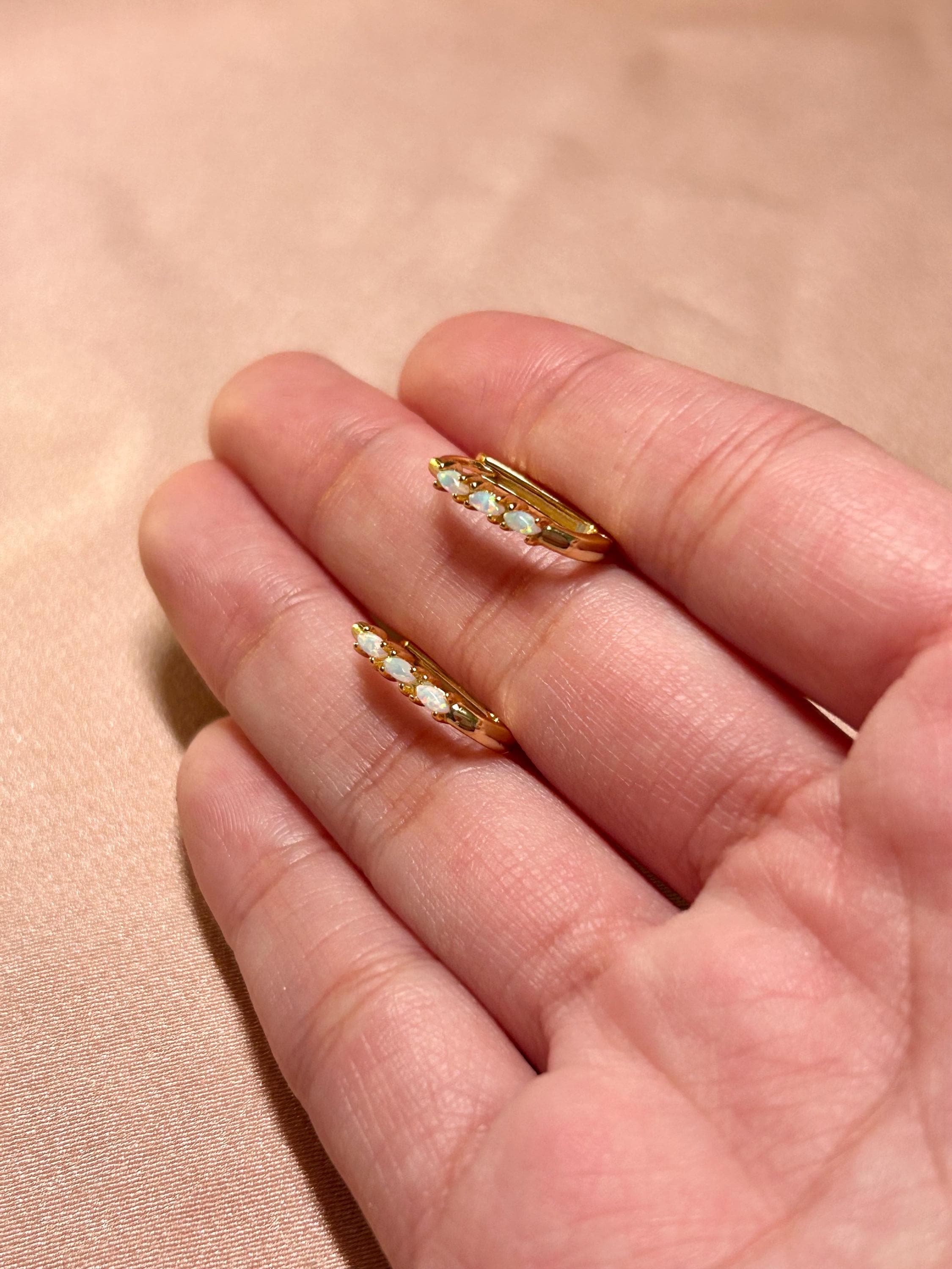 Marquise Opal Rectangle Shape Huggies Earrings Vermeil