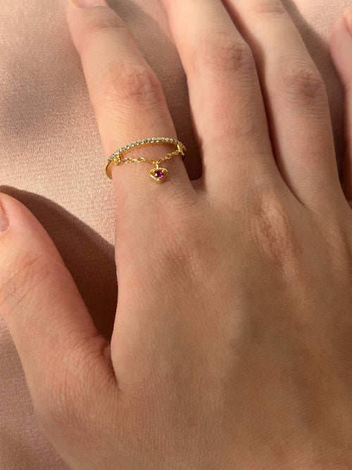 Cora Pink Heart Charm Chain-Ring ~ Adjustable Vermeil Ring