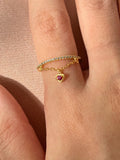 Cora Pink Heart Charm Chain-Ring ~ Adjustable Vermeil Ring