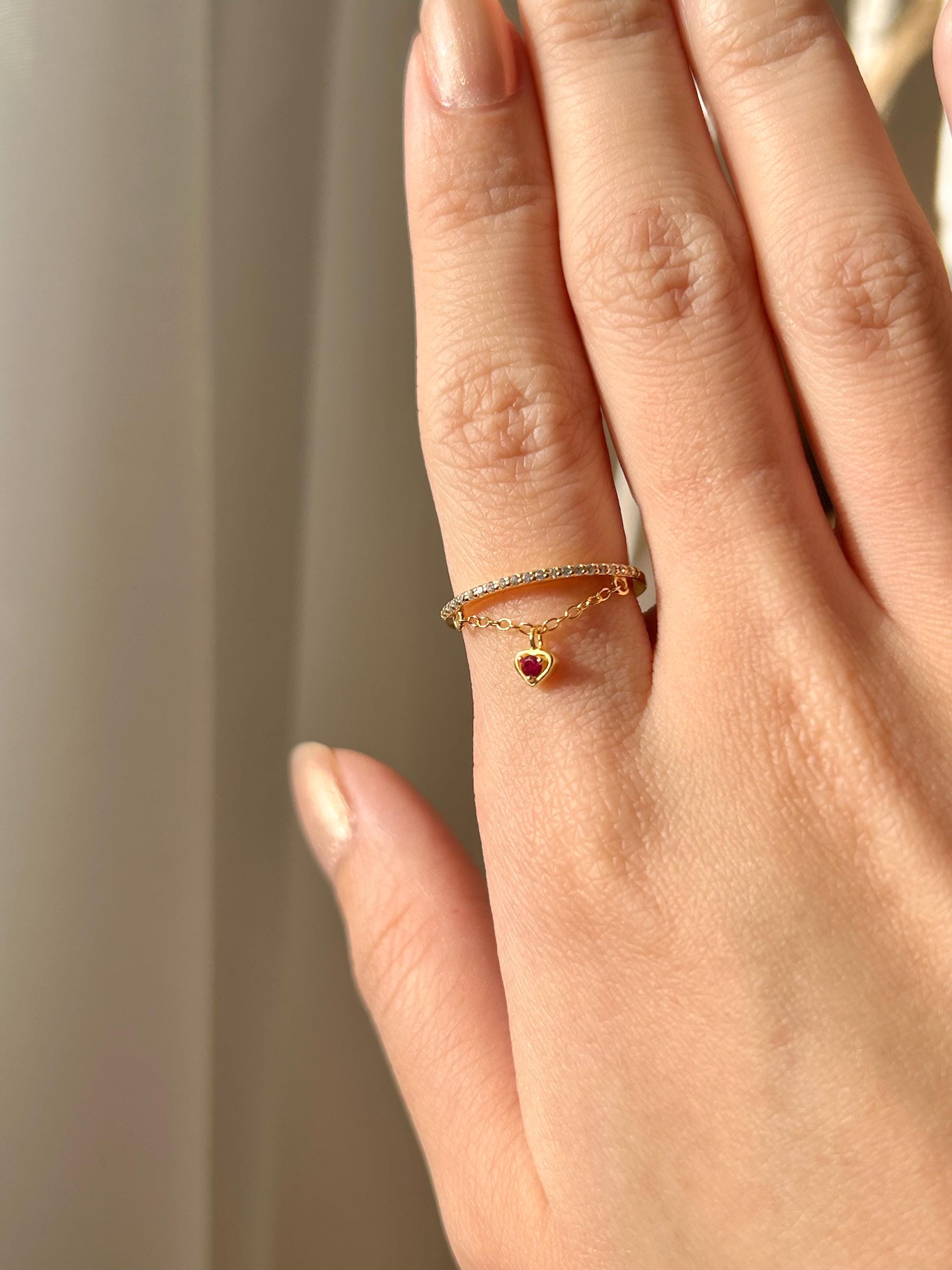 Cora Pink Heart Charm Chain-Ring ~ Adjustable Vermeil Ring