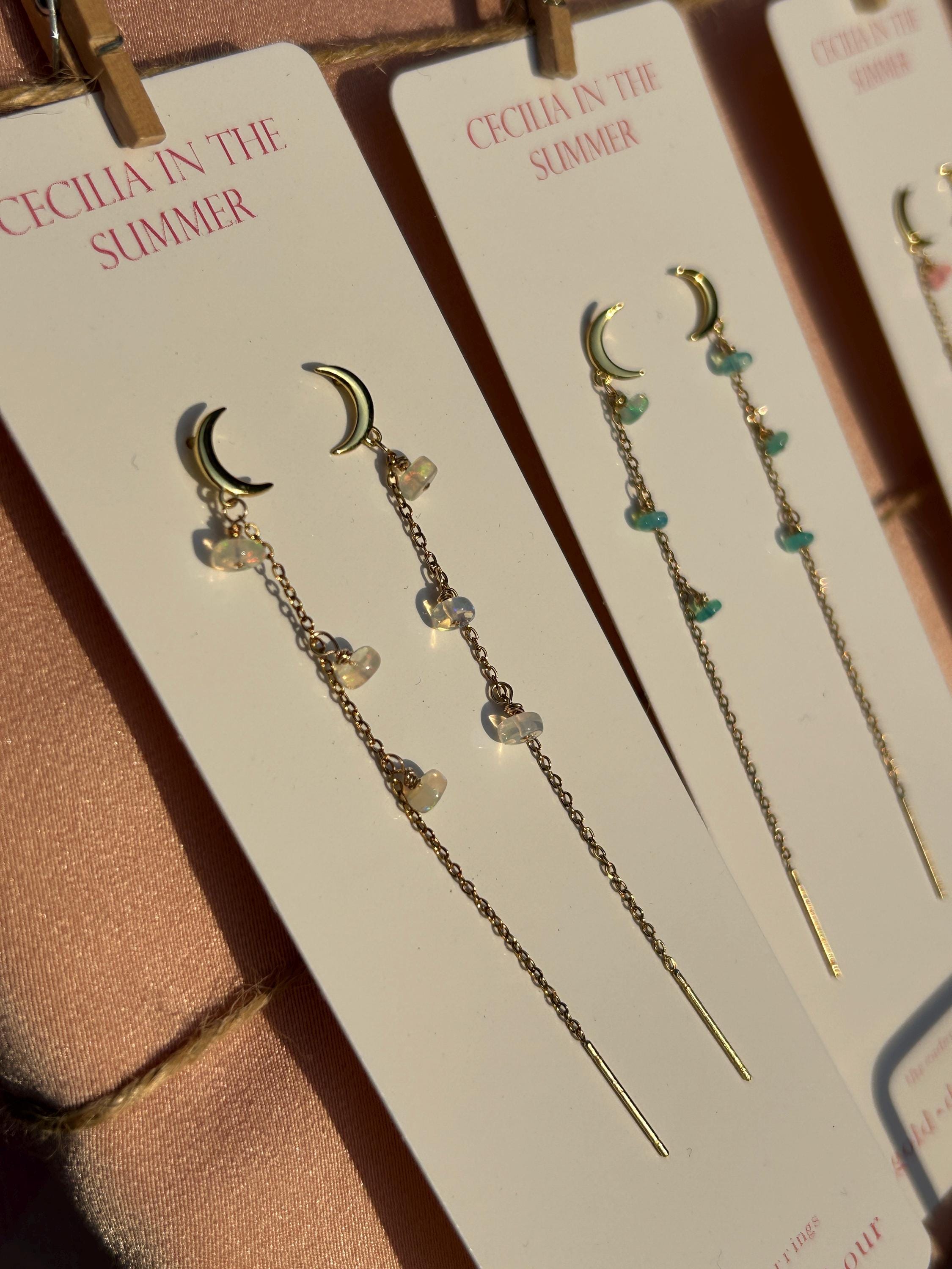 Opal Moon Stud-Threader Gold Earrings