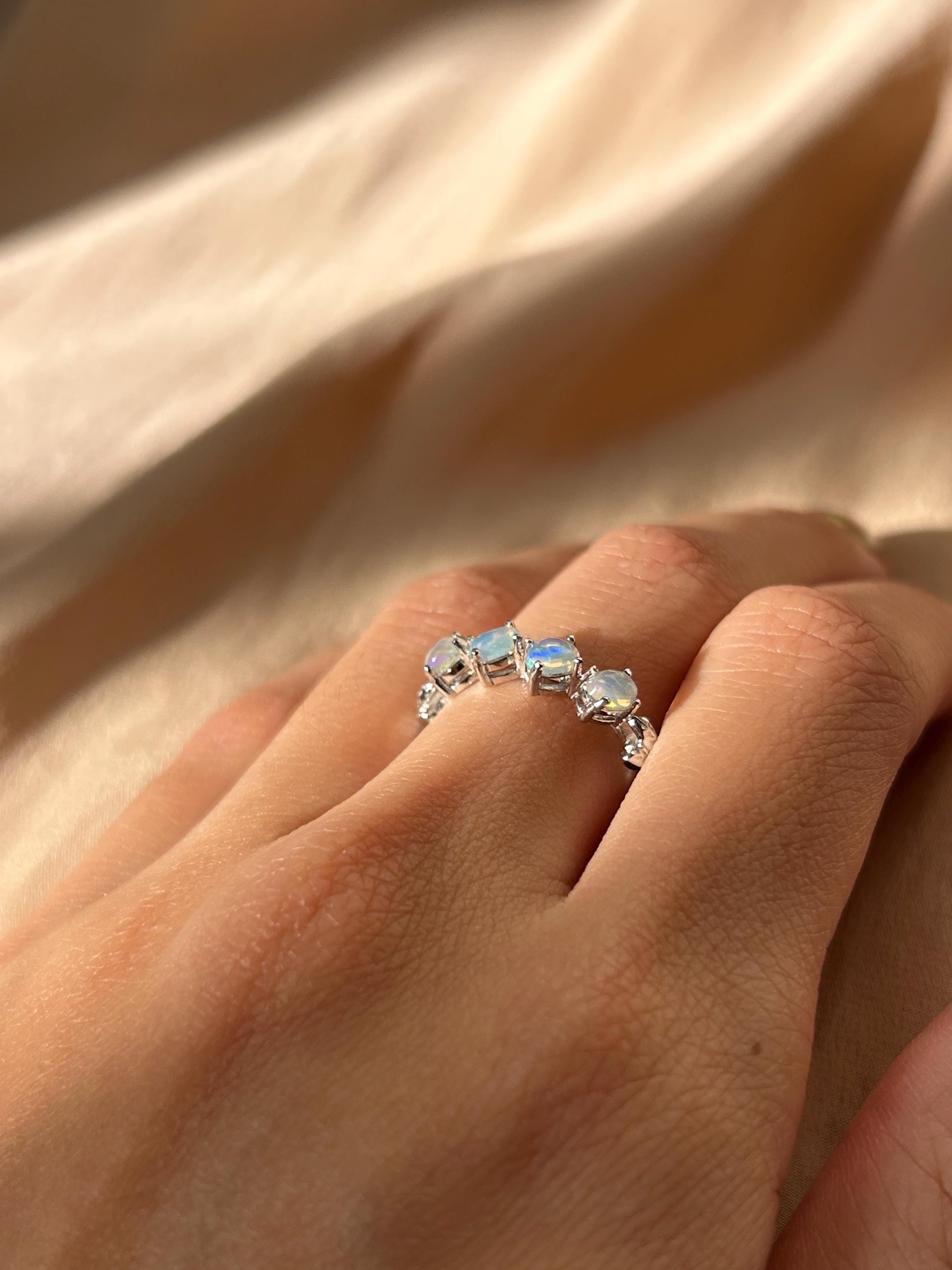 White Opal Slanted Row Ring ~ Sterling Silver Adjustable Resizeable