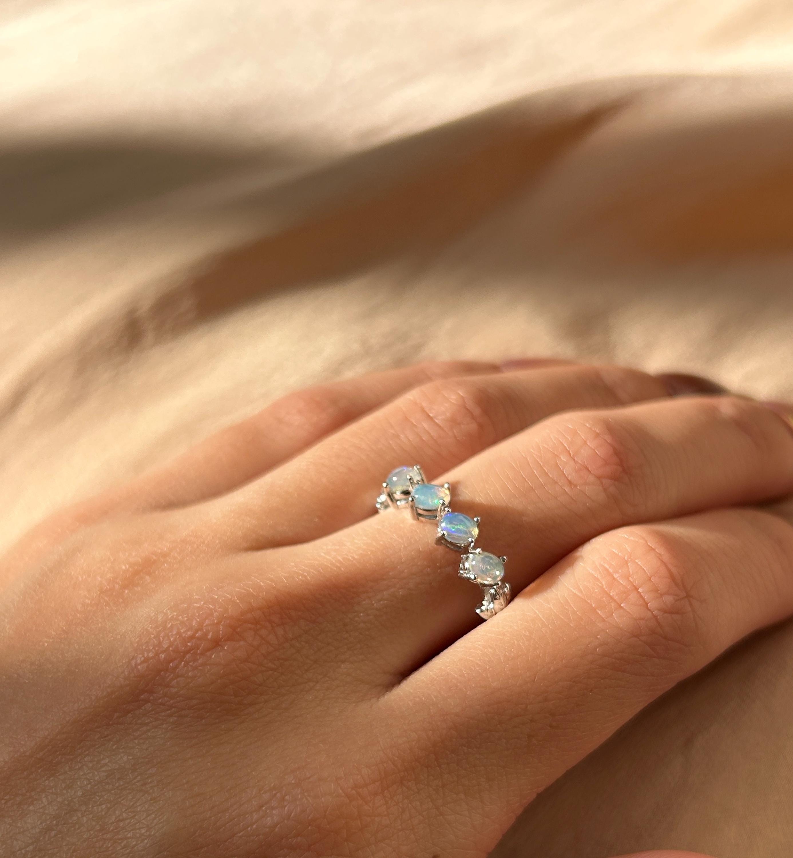 White Opal Slanted Row Ring ~ Sterling Silver Adjustable Resizeable