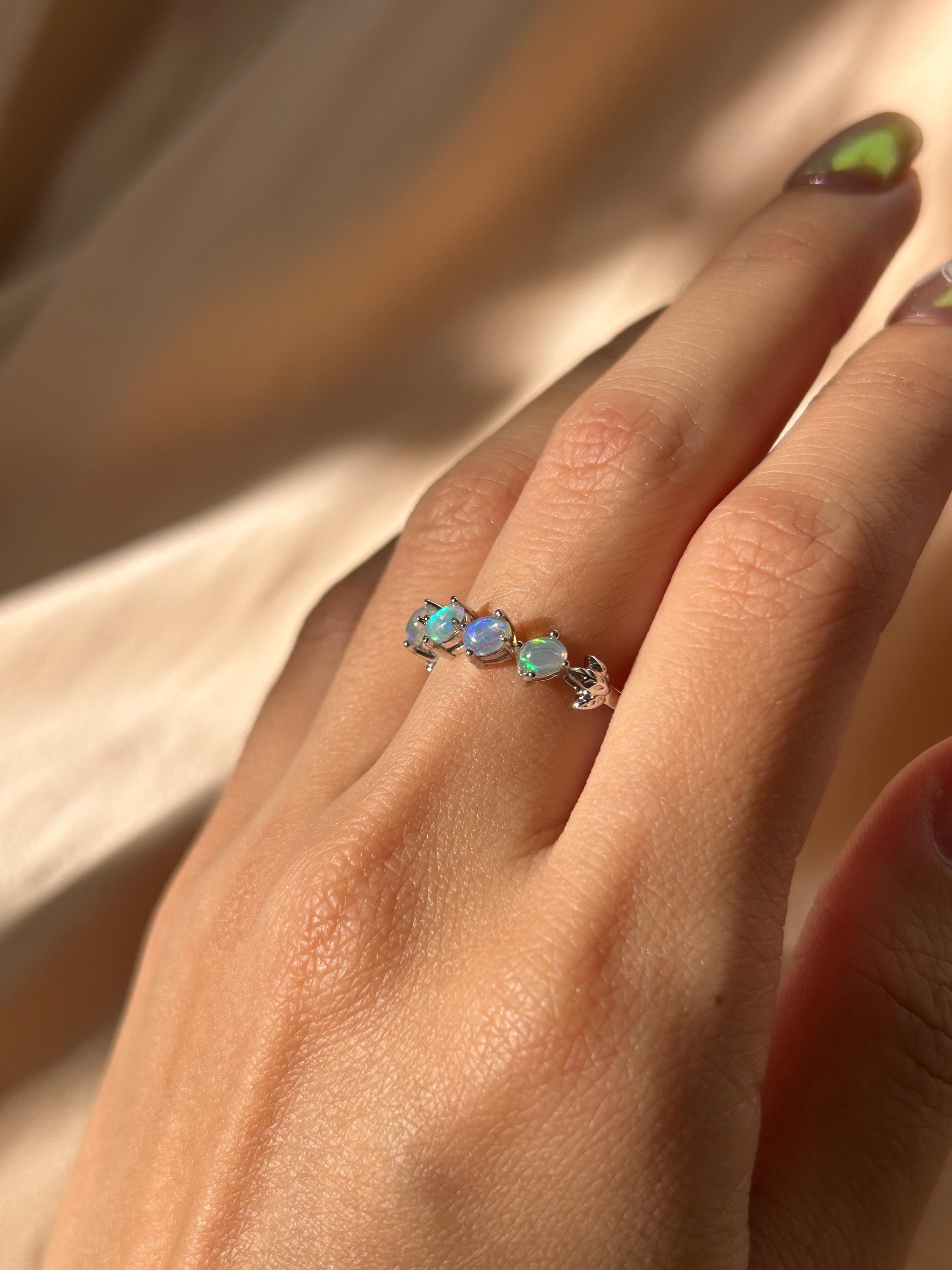 White Opal Slanted Row Ring ~ Sterling Silver Adjustable Resizeable