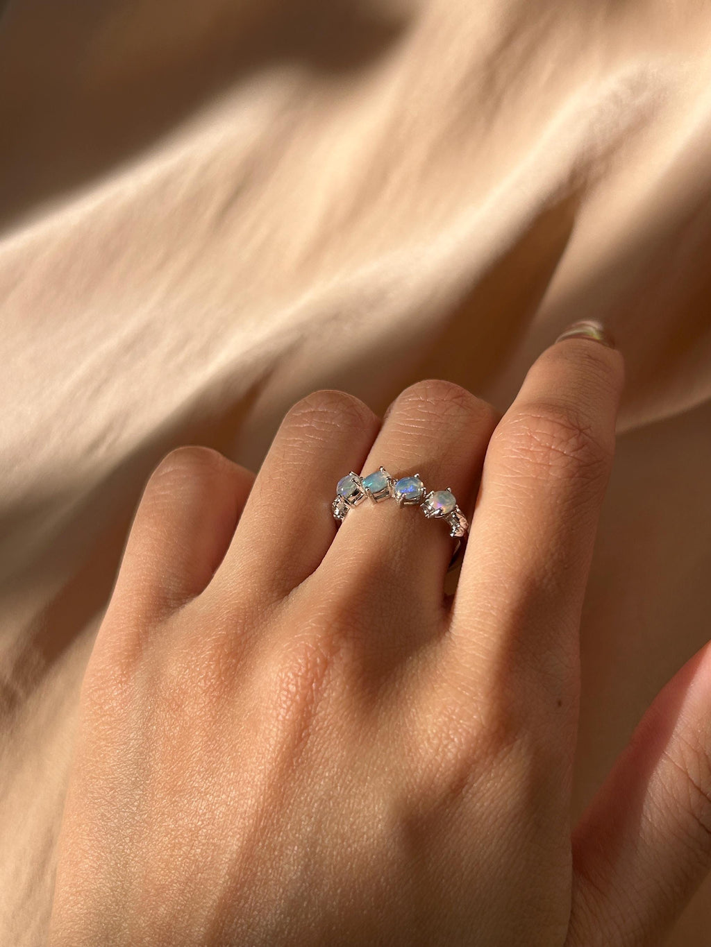 White Opal Slanted Row Ring ~ Sterling Silver Adjustable Resizeable