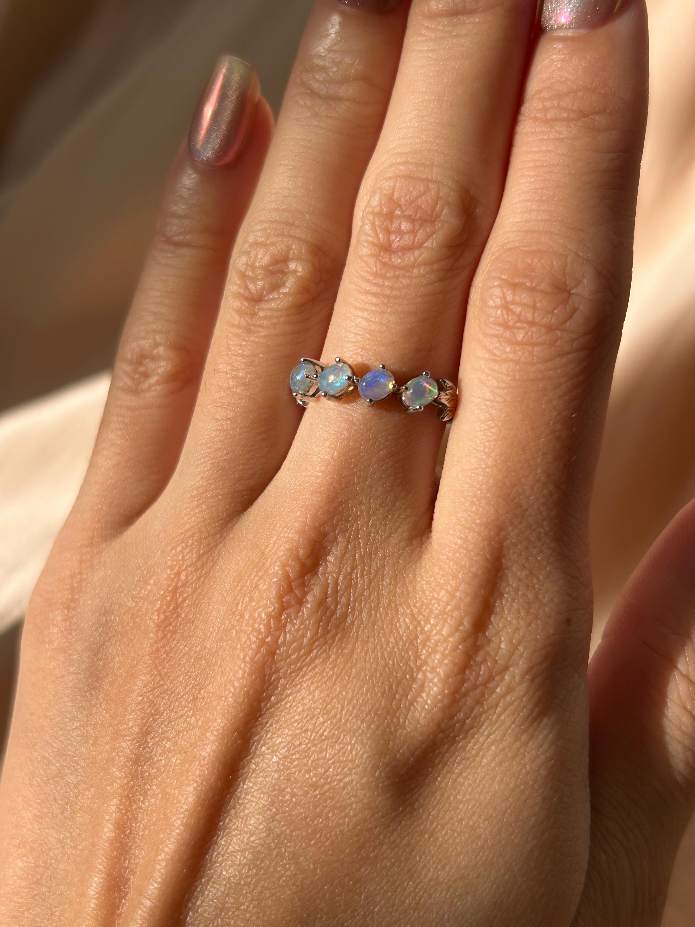 White Opal Slanted Row Ring ~ Sterling Silver Adjustable Resizeable
