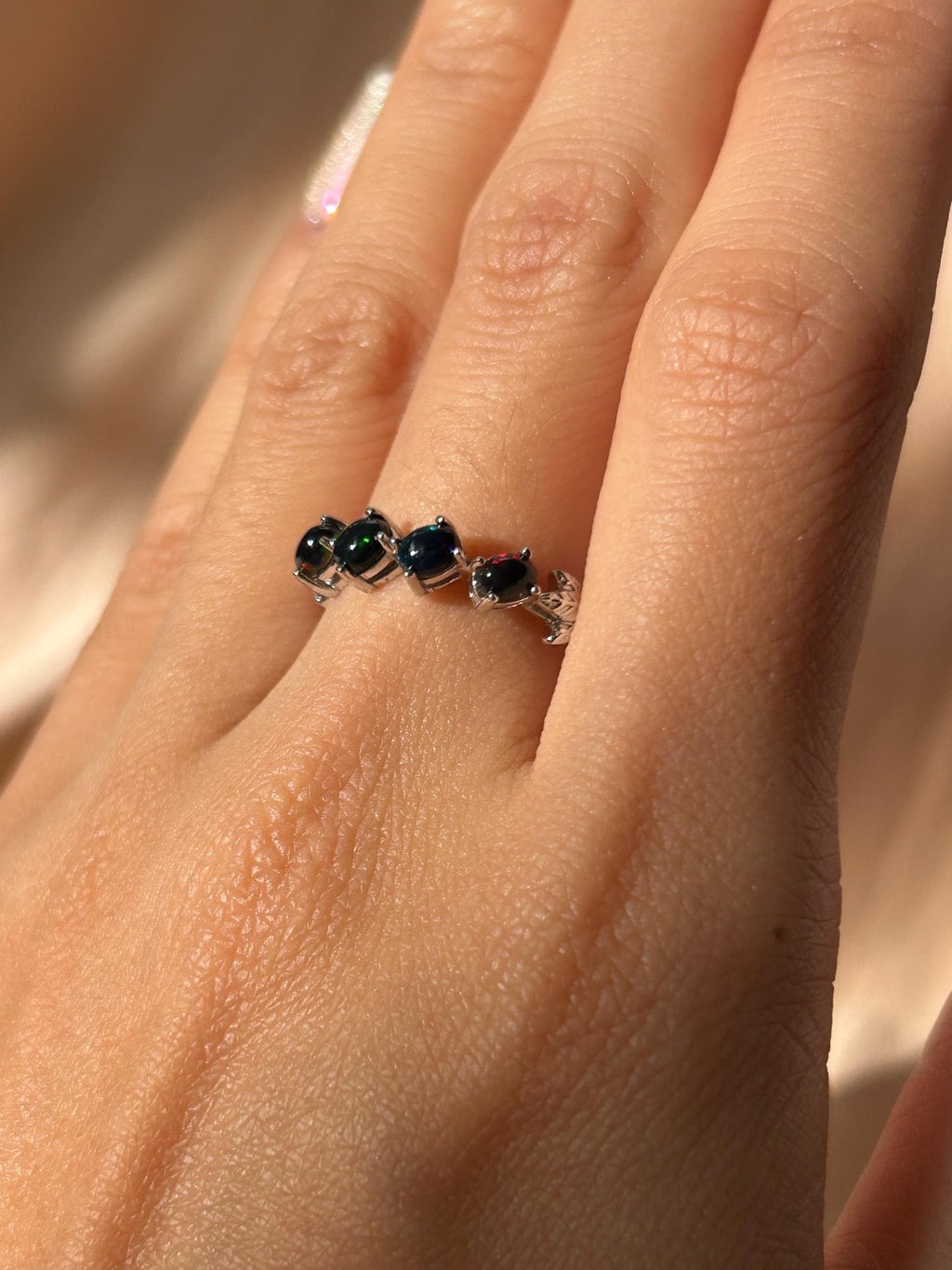 Black Opal Slanted Row Ring  ~ Sterling Silver Adjustable Resizeable